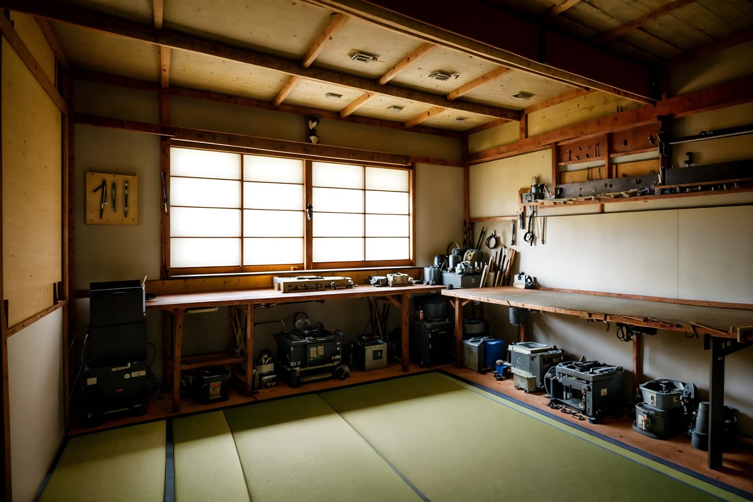 japanese design-style (workshop interior) with wooden workbench and tool wall and messy and wooden workbench. . with . . cinematic photo, highly detailed, cinematic lighting, ultra-detailed, ultrarealistic, photorealism, 8k. japanese design interior design style. masterpiece, cinematic light, ultrarealistic+, photorealistic+, 8k, raw photo, realistic, sharp focus on eyes, (symmetrical eyes), (intact eyes), hyperrealistic, highest quality, best quality, , highly detailed, masterpiece, best quality, extremely detailed 8k wallpaper, masterpiece, best quality, ultra-detailed, best shadow, detailed background, detailed face, detailed eyes, high contrast, best illumination, detailed face, dulux, caustic, dynamic angle, detailed glow. dramatic lighting. highly detailed, insanely detailed hair, symmetrical, intricate details, professionally retouched, 8k high definition. strong bokeh. award winning photo.