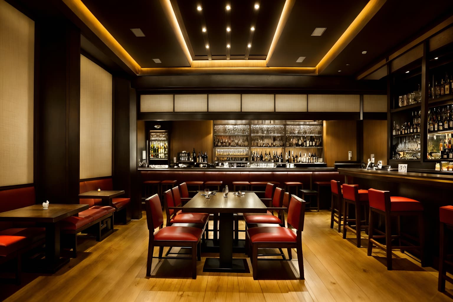japanese design-style (restaurant interior) with restaurant bar and restaurant dining tables and restaurant chairs and restaurant decor and restaurant bar. . with . . cinematic photo, highly detailed, cinematic lighting, ultra-detailed, ultrarealistic, photorealism, 8k. japanese design interior design style. masterpiece, cinematic light, ultrarealistic+, photorealistic+, 8k, raw photo, realistic, sharp focus on eyes, (symmetrical eyes), (intact eyes), hyperrealistic, highest quality, best quality, , highly detailed, masterpiece, best quality, extremely detailed 8k wallpaper, masterpiece, best quality, ultra-detailed, best shadow, detailed background, detailed face, detailed eyes, high contrast, best illumination, detailed face, dulux, caustic, dynamic angle, detailed glow. dramatic lighting. highly detailed, insanely detailed hair, symmetrical, intricate details, professionally retouched, 8k high definition. strong bokeh. award winning photo.