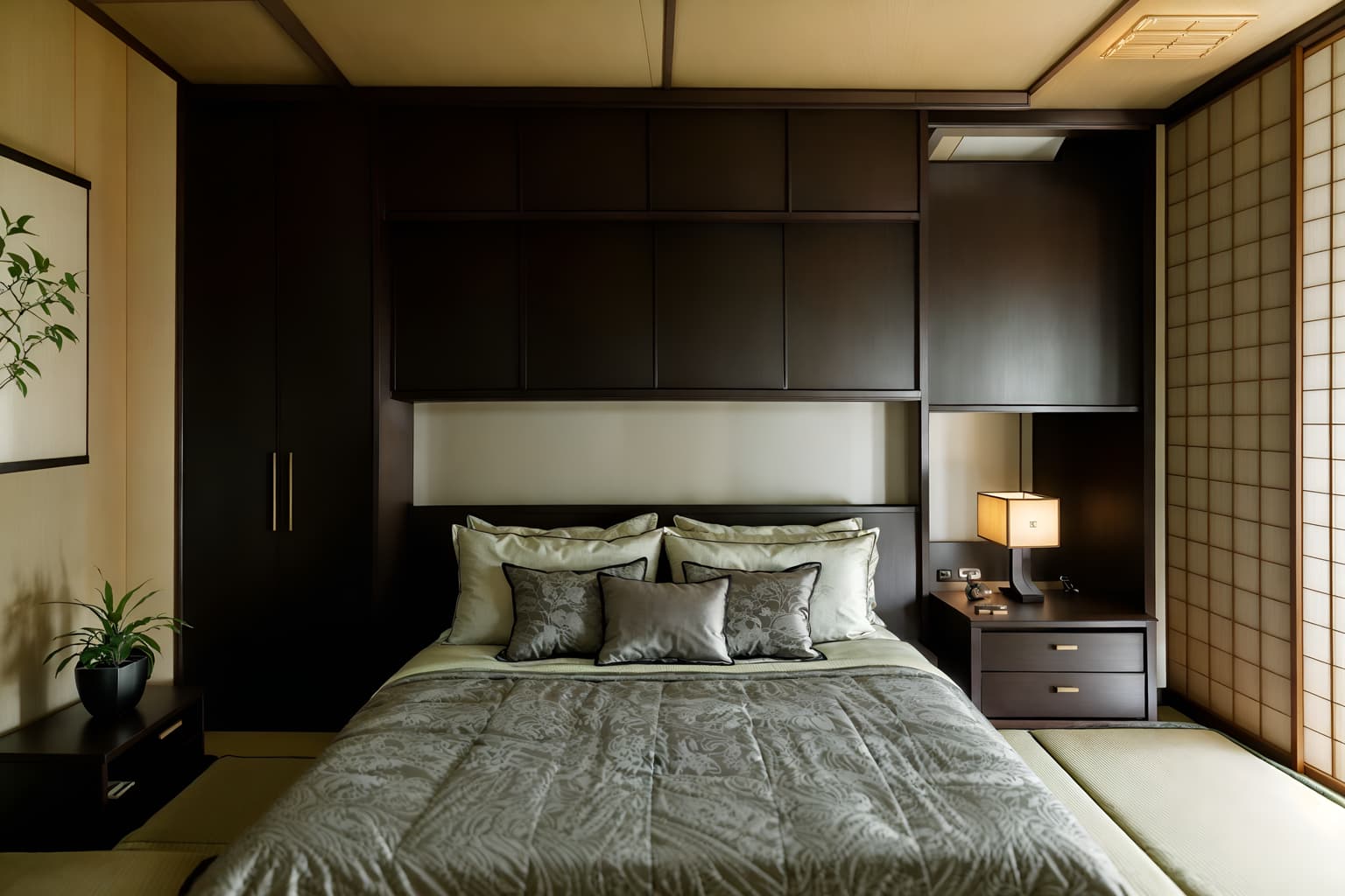 japanese design-style (bedroom interior) with dresser closet and bedside table or night stand and mirror and accent chair and headboard and plant and bed and night light. . with . . cinematic photo, highly detailed, cinematic lighting, ultra-detailed, ultrarealistic, photorealism, 8k. japanese design interior design style. masterpiece, cinematic light, ultrarealistic+, photorealistic+, 8k, raw photo, realistic, sharp focus on eyes, (symmetrical eyes), (intact eyes), hyperrealistic, highest quality, best quality, , highly detailed, masterpiece, best quality, extremely detailed 8k wallpaper, masterpiece, best quality, ultra-detailed, best shadow, detailed background, detailed face, detailed eyes, high contrast, best illumination, detailed face, dulux, caustic, dynamic angle, detailed glow. dramatic lighting. highly detailed, insanely detailed hair, symmetrical, intricate details, professionally retouched, 8k high definition. strong bokeh. award winning photo.