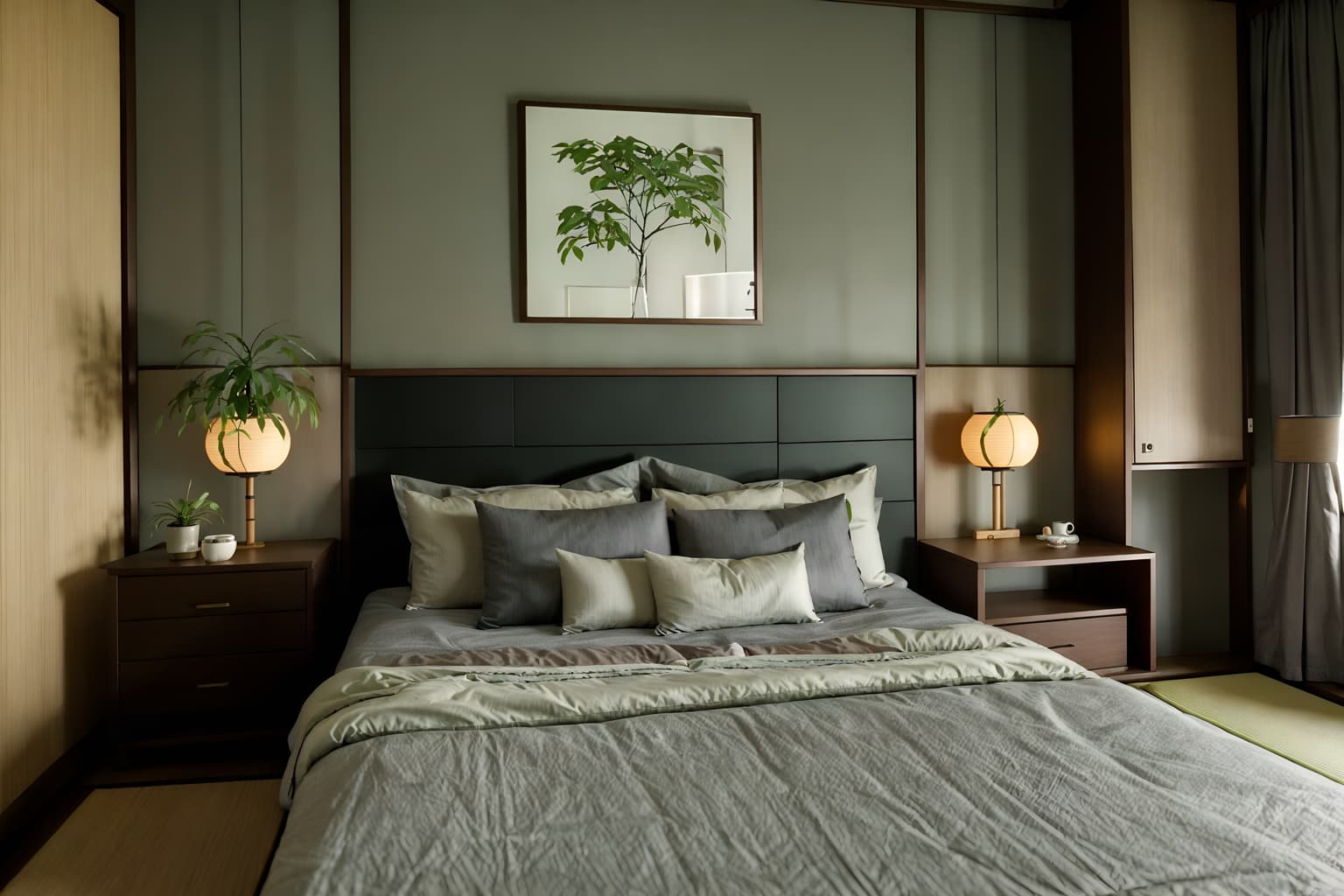 japanese design-style (bedroom interior) with dresser closet and bedside table or night stand and mirror and accent chair and headboard and plant and bed and night light. . with . . cinematic photo, highly detailed, cinematic lighting, ultra-detailed, ultrarealistic, photorealism, 8k. japanese design interior design style. masterpiece, cinematic light, ultrarealistic+, photorealistic+, 8k, raw photo, realistic, sharp focus on eyes, (symmetrical eyes), (intact eyes), hyperrealistic, highest quality, best quality, , highly detailed, masterpiece, best quality, extremely detailed 8k wallpaper, masterpiece, best quality, ultra-detailed, best shadow, detailed background, detailed face, detailed eyes, high contrast, best illumination, detailed face, dulux, caustic, dynamic angle, detailed glow. dramatic lighting. highly detailed, insanely detailed hair, symmetrical, intricate details, professionally retouched, 8k high definition. strong bokeh. award winning photo.