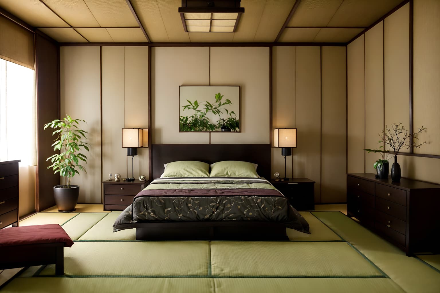 japanese design-style (bedroom interior) with dresser closet and bedside table or night stand and mirror and accent chair and headboard and plant and bed and night light. . with . . cinematic photo, highly detailed, cinematic lighting, ultra-detailed, ultrarealistic, photorealism, 8k. japanese design interior design style. masterpiece, cinematic light, ultrarealistic+, photorealistic+, 8k, raw photo, realistic, sharp focus on eyes, (symmetrical eyes), (intact eyes), hyperrealistic, highest quality, best quality, , highly detailed, masterpiece, best quality, extremely detailed 8k wallpaper, masterpiece, best quality, ultra-detailed, best shadow, detailed background, detailed face, detailed eyes, high contrast, best illumination, detailed face, dulux, caustic, dynamic angle, detailed glow. dramatic lighting. highly detailed, insanely detailed hair, symmetrical, intricate details, professionally retouched, 8k high definition. strong bokeh. award winning photo.