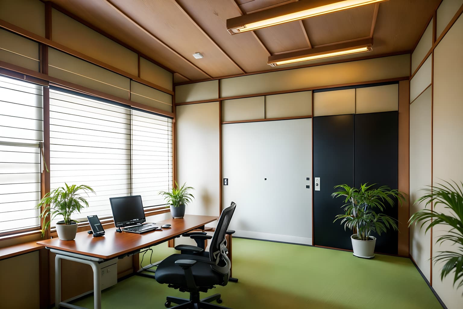 japanese design-style (office interior) with office chairs and desk lamps and plants and windows and office desks and computer desks and lounge chairs and cabinets. . with . . cinematic photo, highly detailed, cinematic lighting, ultra-detailed, ultrarealistic, photorealism, 8k. japanese design interior design style. masterpiece, cinematic light, ultrarealistic+, photorealistic+, 8k, raw photo, realistic, sharp focus on eyes, (symmetrical eyes), (intact eyes), hyperrealistic, highest quality, best quality, , highly detailed, masterpiece, best quality, extremely detailed 8k wallpaper, masterpiece, best quality, ultra-detailed, best shadow, detailed background, detailed face, detailed eyes, high contrast, best illumination, detailed face, dulux, caustic, dynamic angle, detailed glow. dramatic lighting. highly detailed, insanely detailed hair, symmetrical, intricate details, professionally retouched, 8k high definition. strong bokeh. award winning photo.