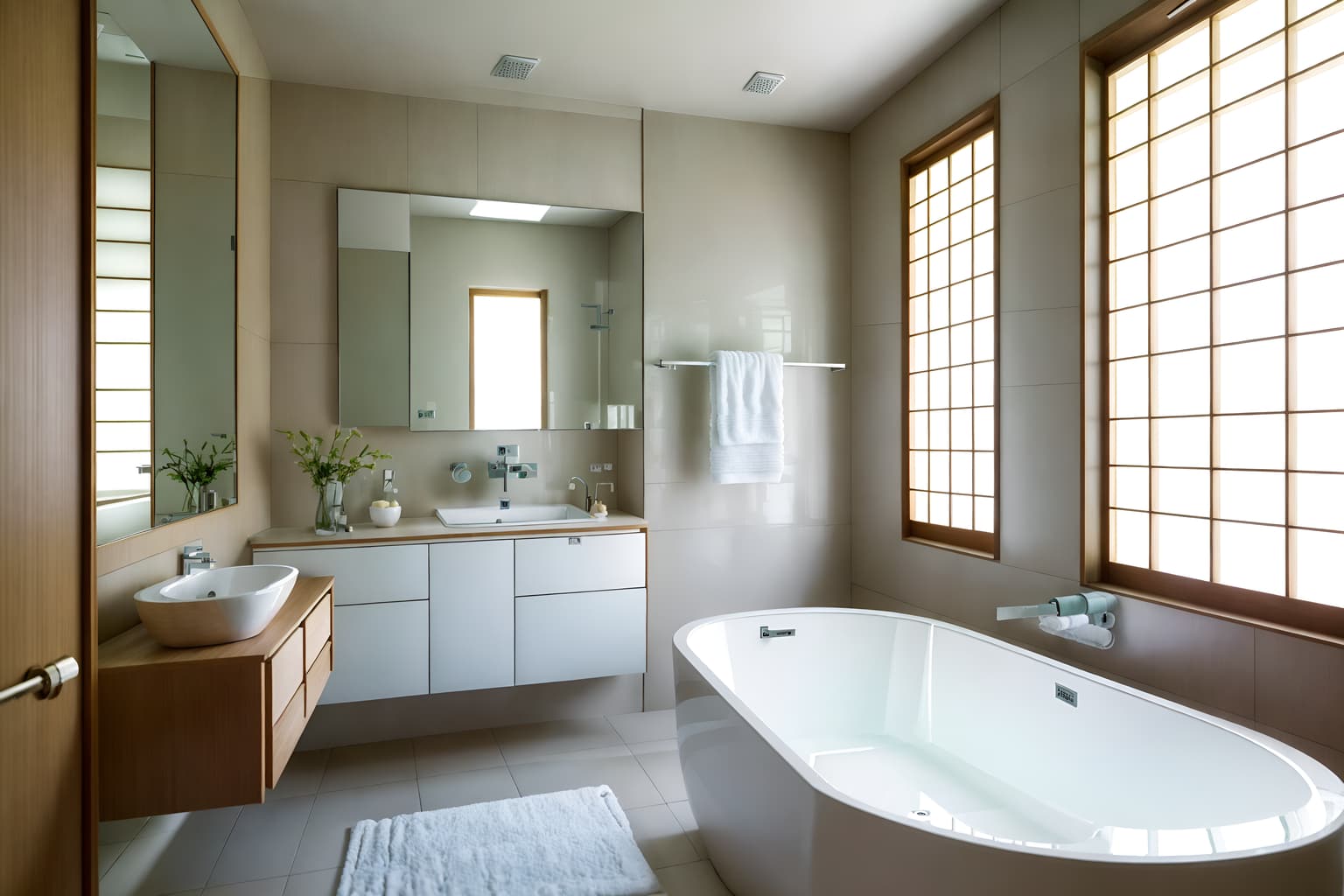 japanese design-style (bathroom interior) with waste basket and mirror and bathroom cabinet and bathtub and bath rail and shower and bathroom sink with faucet and bath towel. . with . . cinematic photo, highly detailed, cinematic lighting, ultra-detailed, ultrarealistic, photorealism, 8k. japanese design interior design style. masterpiece, cinematic light, ultrarealistic+, photorealistic+, 8k, raw photo, realistic, sharp focus on eyes, (symmetrical eyes), (intact eyes), hyperrealistic, highest quality, best quality, , highly detailed, masterpiece, best quality, extremely detailed 8k wallpaper, masterpiece, best quality, ultra-detailed, best shadow, detailed background, detailed face, detailed eyes, high contrast, best illumination, detailed face, dulux, caustic, dynamic angle, detailed glow. dramatic lighting. highly detailed, insanely detailed hair, symmetrical, intricate details, professionally retouched, 8k high definition. strong bokeh. award winning photo.