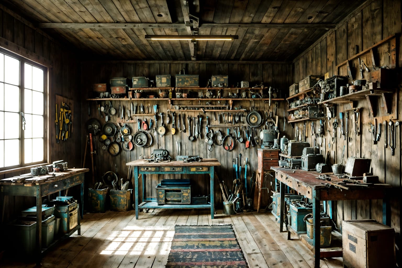 eclectic-style (workshop interior) with tool wall and messy and wooden workbench and tool wall. . . cinematic photo, highly detailed, cinematic lighting, ultra-detailed, ultrarealistic, photorealism, 8k. eclectic interior design style. masterpiece, cinematic light, ultrarealistic+, photorealistic+, 8k, raw photo, realistic, sharp focus on eyes, (symmetrical eyes), (intact eyes), hyperrealistic, highest quality, best quality, , highly detailed, masterpiece, best quality, extremely detailed 8k wallpaper, masterpiece, best quality, ultra-detailed, best shadow, detailed background, detailed face, detailed eyes, high contrast, best illumination, detailed face, dulux, caustic, dynamic angle, detailed glow. dramatic lighting. highly detailed, insanely detailed hair, symmetrical, intricate details, professionally retouched, 8k high definition. strong bokeh. award winning photo.