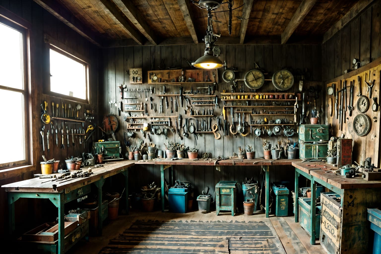 eclectic-style (workshop interior) with tool wall and messy and wooden workbench and tool wall. . . cinematic photo, highly detailed, cinematic lighting, ultra-detailed, ultrarealistic, photorealism, 8k. eclectic interior design style. masterpiece, cinematic light, ultrarealistic+, photorealistic+, 8k, raw photo, realistic, sharp focus on eyes, (symmetrical eyes), (intact eyes), hyperrealistic, highest quality, best quality, , highly detailed, masterpiece, best quality, extremely detailed 8k wallpaper, masterpiece, best quality, ultra-detailed, best shadow, detailed background, detailed face, detailed eyes, high contrast, best illumination, detailed face, dulux, caustic, dynamic angle, detailed glow. dramatic lighting. highly detailed, insanely detailed hair, symmetrical, intricate details, professionally retouched, 8k high definition. strong bokeh. award winning photo.