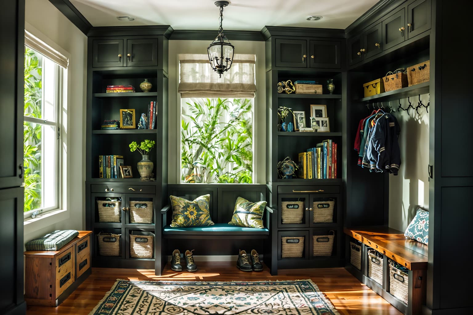 eclectic-style (drop zone interior) with lockers and a bench and high up storage and cabinets and shelves for shoes and cubbies and storage baskets and wall hooks for coats. . . cinematic photo, highly detailed, cinematic lighting, ultra-detailed, ultrarealistic, photorealism, 8k. eclectic interior design style. masterpiece, cinematic light, ultrarealistic+, photorealistic+, 8k, raw photo, realistic, sharp focus on eyes, (symmetrical eyes), (intact eyes), hyperrealistic, highest quality, best quality, , highly detailed, masterpiece, best quality, extremely detailed 8k wallpaper, masterpiece, best quality, ultra-detailed, best shadow, detailed background, detailed face, detailed eyes, high contrast, best illumination, detailed face, dulux, caustic, dynamic angle, detailed glow. dramatic lighting. highly detailed, insanely detailed hair, symmetrical, intricate details, professionally retouched, 8k high definition. strong bokeh. award winning photo.