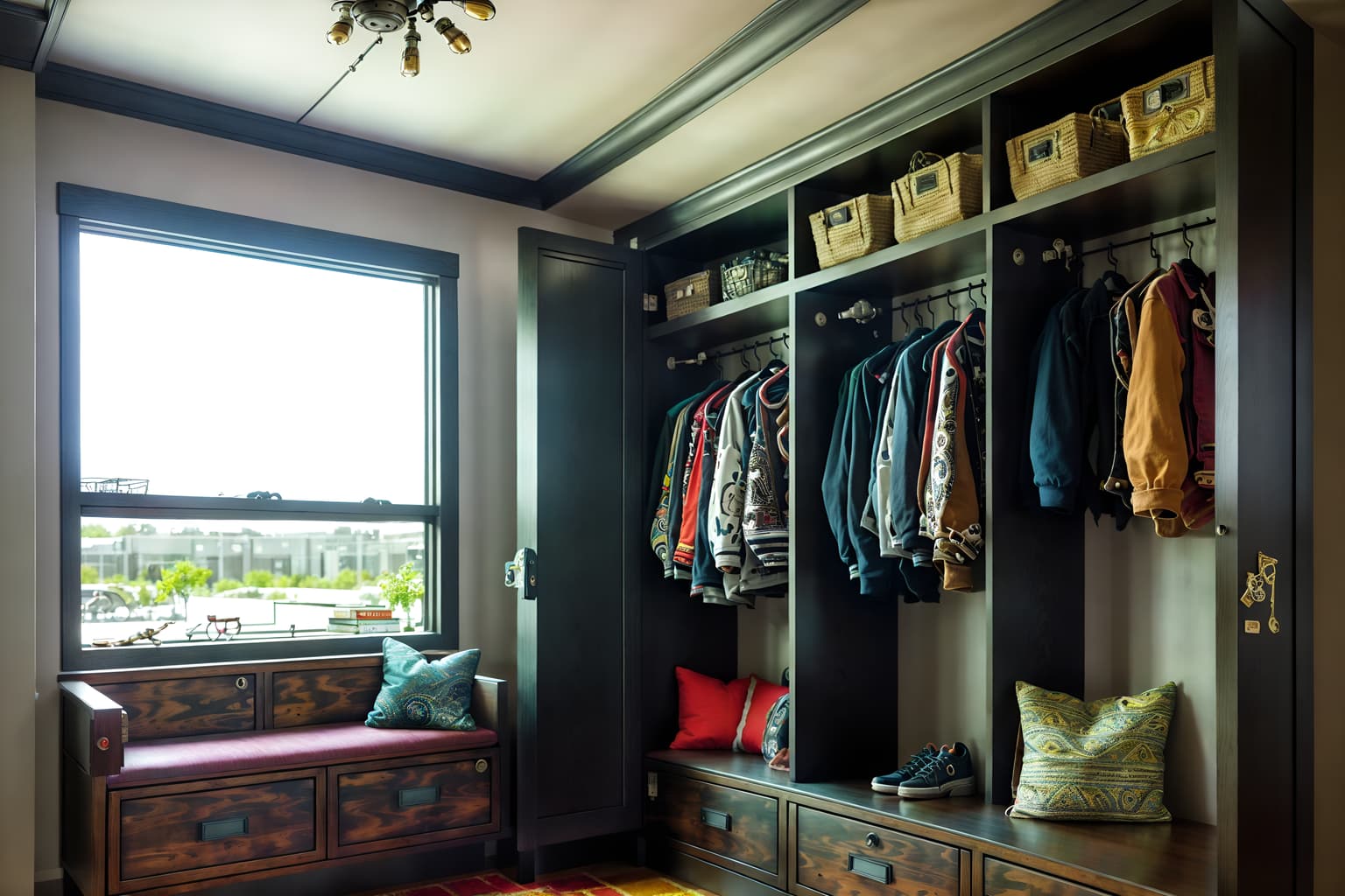 eclectic-style (drop zone interior) with lockers and a bench and high up storage and cabinets and shelves for shoes and cubbies and storage baskets and wall hooks for coats. . . cinematic photo, highly detailed, cinematic lighting, ultra-detailed, ultrarealistic, photorealism, 8k. eclectic interior design style. masterpiece, cinematic light, ultrarealistic+, photorealistic+, 8k, raw photo, realistic, sharp focus on eyes, (symmetrical eyes), (intact eyes), hyperrealistic, highest quality, best quality, , highly detailed, masterpiece, best quality, extremely detailed 8k wallpaper, masterpiece, best quality, ultra-detailed, best shadow, detailed background, detailed face, detailed eyes, high contrast, best illumination, detailed face, dulux, caustic, dynamic angle, detailed glow. dramatic lighting. highly detailed, insanely detailed hair, symmetrical, intricate details, professionally retouched, 8k high definition. strong bokeh. award winning photo.