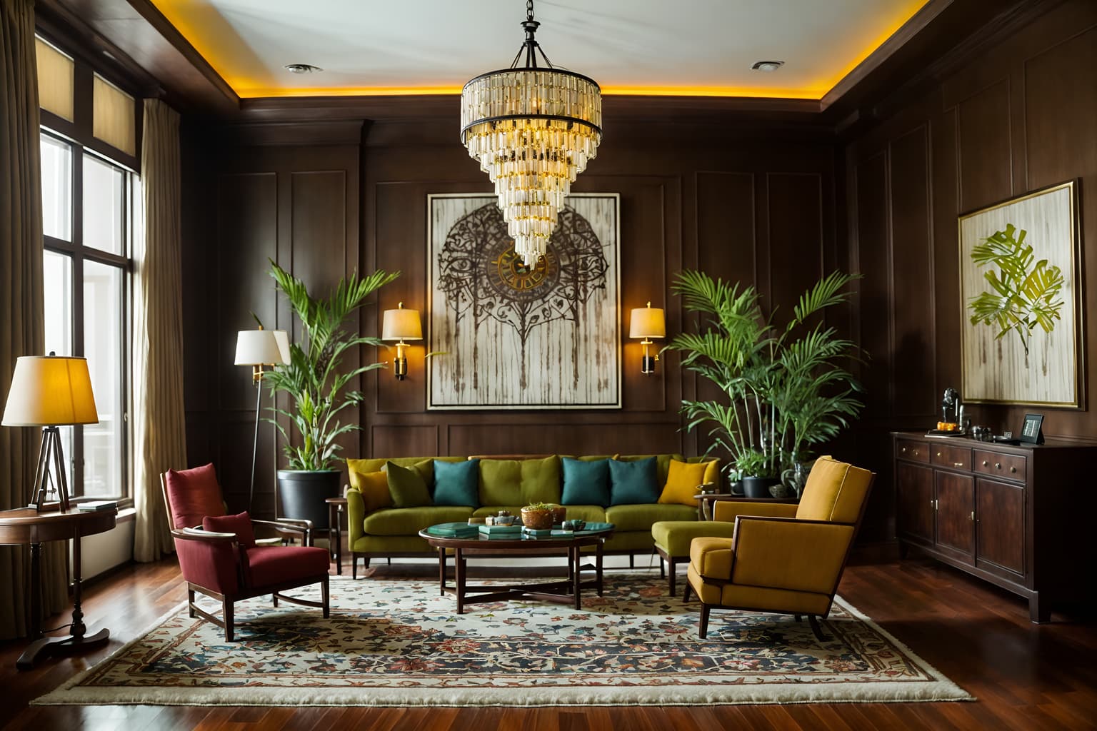 eclectic-style (hotel lobby interior) with lounge chairs and check in desk and furniture and sofas and hanging lamps and plant and coffee tables and rug. . . cinematic photo, highly detailed, cinematic lighting, ultra-detailed, ultrarealistic, photorealism, 8k. eclectic interior design style. masterpiece, cinematic light, ultrarealistic+, photorealistic+, 8k, raw photo, realistic, sharp focus on eyes, (symmetrical eyes), (intact eyes), hyperrealistic, highest quality, best quality, , highly detailed, masterpiece, best quality, extremely detailed 8k wallpaper, masterpiece, best quality, ultra-detailed, best shadow, detailed background, detailed face, detailed eyes, high contrast, best illumination, detailed face, dulux, caustic, dynamic angle, detailed glow. dramatic lighting. highly detailed, insanely detailed hair, symmetrical, intricate details, professionally retouched, 8k high definition. strong bokeh. award winning photo.