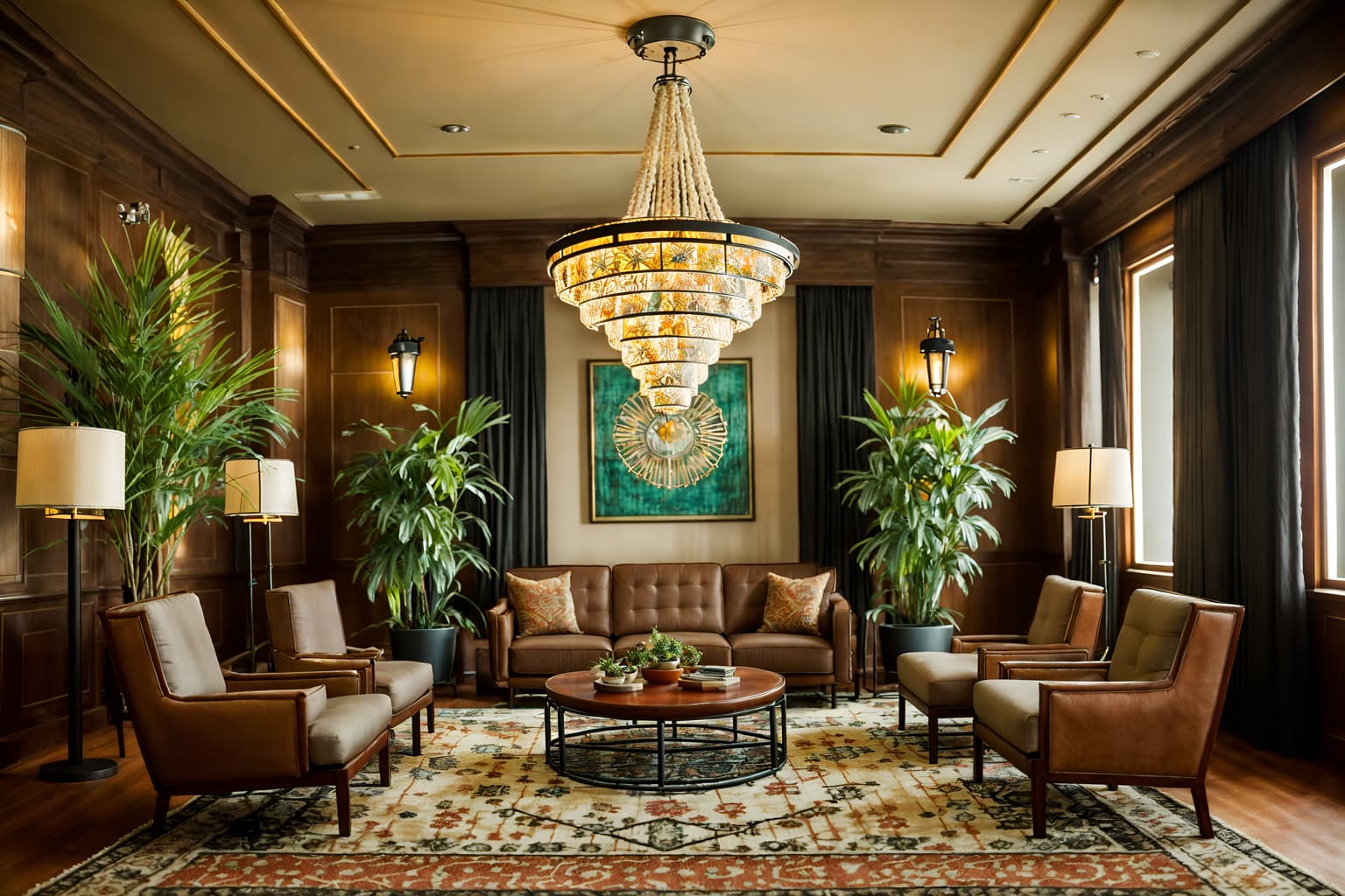 eclectic-style (hotel lobby interior) with lounge chairs and check in desk and furniture and sofas and hanging lamps and plant and coffee tables and rug. . . cinematic photo, highly detailed, cinematic lighting, ultra-detailed, ultrarealistic, photorealism, 8k. eclectic interior design style. masterpiece, cinematic light, ultrarealistic+, photorealistic+, 8k, raw photo, realistic, sharp focus on eyes, (symmetrical eyes), (intact eyes), hyperrealistic, highest quality, best quality, , highly detailed, masterpiece, best quality, extremely detailed 8k wallpaper, masterpiece, best quality, ultra-detailed, best shadow, detailed background, detailed face, detailed eyes, high contrast, best illumination, detailed face, dulux, caustic, dynamic angle, detailed glow. dramatic lighting. highly detailed, insanely detailed hair, symmetrical, intricate details, professionally retouched, 8k high definition. strong bokeh. award winning photo.