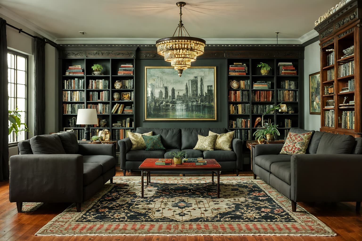 eclectic-style (living room interior) with furniture and occasional tables and plant and bookshelves and sofa and chairs and coffee tables and rug. . . cinematic photo, highly detailed, cinematic lighting, ultra-detailed, ultrarealistic, photorealism, 8k. eclectic interior design style. masterpiece, cinematic light, ultrarealistic+, photorealistic+, 8k, raw photo, realistic, sharp focus on eyes, (symmetrical eyes), (intact eyes), hyperrealistic, highest quality, best quality, , highly detailed, masterpiece, best quality, extremely detailed 8k wallpaper, masterpiece, best quality, ultra-detailed, best shadow, detailed background, detailed face, detailed eyes, high contrast, best illumination, detailed face, dulux, caustic, dynamic angle, detailed glow. dramatic lighting. highly detailed, insanely detailed hair, symmetrical, intricate details, professionally retouched, 8k high definition. strong bokeh. award winning photo.