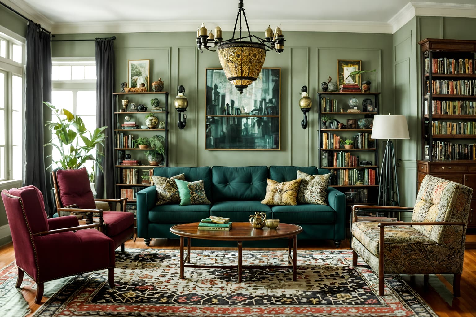 eclectic-style (living room interior) with furniture and occasional tables and plant and bookshelves and sofa and chairs and coffee tables and rug. . . cinematic photo, highly detailed, cinematic lighting, ultra-detailed, ultrarealistic, photorealism, 8k. eclectic interior design style. masterpiece, cinematic light, ultrarealistic+, photorealistic+, 8k, raw photo, realistic, sharp focus on eyes, (symmetrical eyes), (intact eyes), hyperrealistic, highest quality, best quality, , highly detailed, masterpiece, best quality, extremely detailed 8k wallpaper, masterpiece, best quality, ultra-detailed, best shadow, detailed background, detailed face, detailed eyes, high contrast, best illumination, detailed face, dulux, caustic, dynamic angle, detailed glow. dramatic lighting. highly detailed, insanely detailed hair, symmetrical, intricate details, professionally retouched, 8k high definition. strong bokeh. award winning photo.