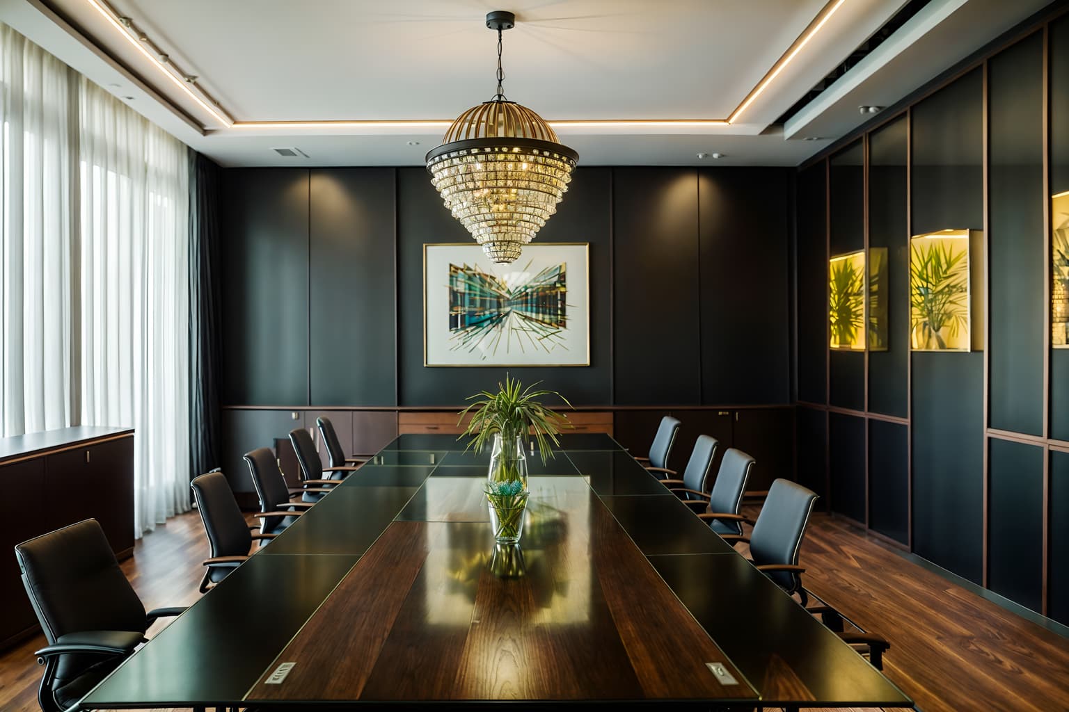 eclectic-style (meeting room interior) with office chairs and painting or photo on wall and vase and glass doors and glass walls and boardroom table and plant and cabinets. . . cinematic photo, highly detailed, cinematic lighting, ultra-detailed, ultrarealistic, photorealism, 8k. eclectic interior design style. masterpiece, cinematic light, ultrarealistic+, photorealistic+, 8k, raw photo, realistic, sharp focus on eyes, (symmetrical eyes), (intact eyes), hyperrealistic, highest quality, best quality, , highly detailed, masterpiece, best quality, extremely detailed 8k wallpaper, masterpiece, best quality, ultra-detailed, best shadow, detailed background, detailed face, detailed eyes, high contrast, best illumination, detailed face, dulux, caustic, dynamic angle, detailed glow. dramatic lighting. highly detailed, insanely detailed hair, symmetrical, intricate details, professionally retouched, 8k high definition. strong bokeh. award winning photo.
