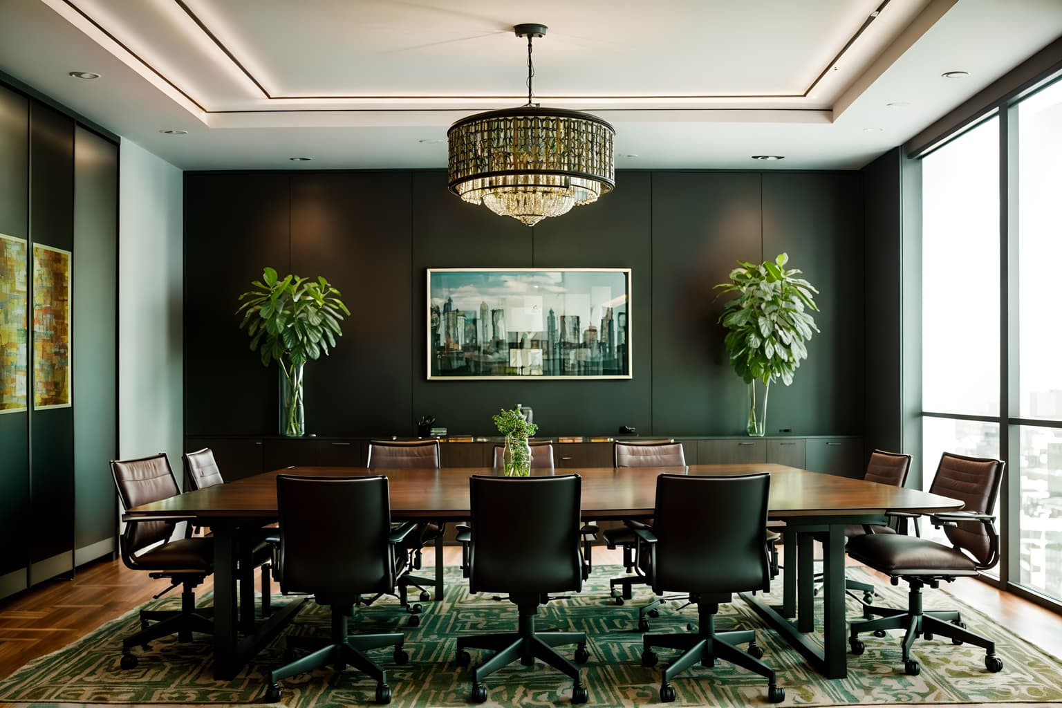 eclectic-style (meeting room interior) with office chairs and painting or photo on wall and vase and glass doors and glass walls and boardroom table and plant and cabinets. . . cinematic photo, highly detailed, cinematic lighting, ultra-detailed, ultrarealistic, photorealism, 8k. eclectic interior design style. masterpiece, cinematic light, ultrarealistic+, photorealistic+, 8k, raw photo, realistic, sharp focus on eyes, (symmetrical eyes), (intact eyes), hyperrealistic, highest quality, best quality, , highly detailed, masterpiece, best quality, extremely detailed 8k wallpaper, masterpiece, best quality, ultra-detailed, best shadow, detailed background, detailed face, detailed eyes, high contrast, best illumination, detailed face, dulux, caustic, dynamic angle, detailed glow. dramatic lighting. highly detailed, insanely detailed hair, symmetrical, intricate details, professionally retouched, 8k high definition. strong bokeh. award winning photo.