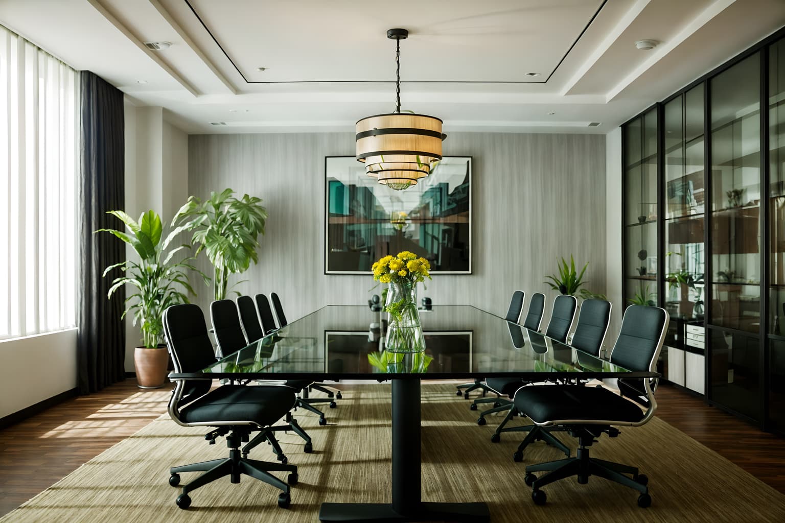 eclectic-style (meeting room interior) with office chairs and painting or photo on wall and vase and glass doors and glass walls and boardroom table and plant and cabinets. . . cinematic photo, highly detailed, cinematic lighting, ultra-detailed, ultrarealistic, photorealism, 8k. eclectic interior design style. masterpiece, cinematic light, ultrarealistic+, photorealistic+, 8k, raw photo, realistic, sharp focus on eyes, (symmetrical eyes), (intact eyes), hyperrealistic, highest quality, best quality, , highly detailed, masterpiece, best quality, extremely detailed 8k wallpaper, masterpiece, best quality, ultra-detailed, best shadow, detailed background, detailed face, detailed eyes, high contrast, best illumination, detailed face, dulux, caustic, dynamic angle, detailed glow. dramatic lighting. highly detailed, insanely detailed hair, symmetrical, intricate details, professionally retouched, 8k high definition. strong bokeh. award winning photo.