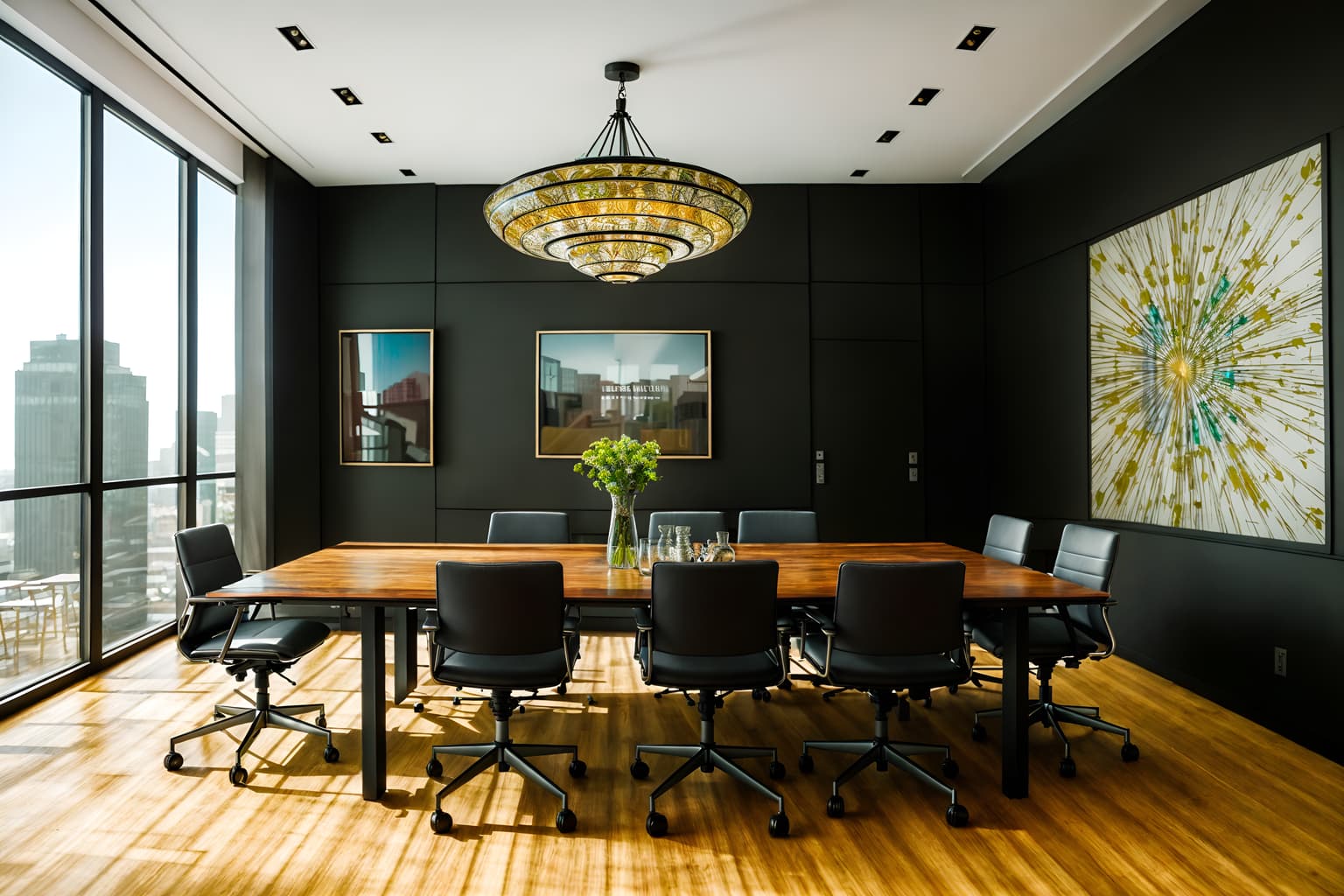 eclectic-style (meeting room interior) with office chairs and painting or photo on wall and vase and glass doors and glass walls and boardroom table and plant and cabinets. . . cinematic photo, highly detailed, cinematic lighting, ultra-detailed, ultrarealistic, photorealism, 8k. eclectic interior design style. masterpiece, cinematic light, ultrarealistic+, photorealistic+, 8k, raw photo, realistic, sharp focus on eyes, (symmetrical eyes), (intact eyes), hyperrealistic, highest quality, best quality, , highly detailed, masterpiece, best quality, extremely detailed 8k wallpaper, masterpiece, best quality, ultra-detailed, best shadow, detailed background, detailed face, detailed eyes, high contrast, best illumination, detailed face, dulux, caustic, dynamic angle, detailed glow. dramatic lighting. highly detailed, insanely detailed hair, symmetrical, intricate details, professionally retouched, 8k high definition. strong bokeh. award winning photo.