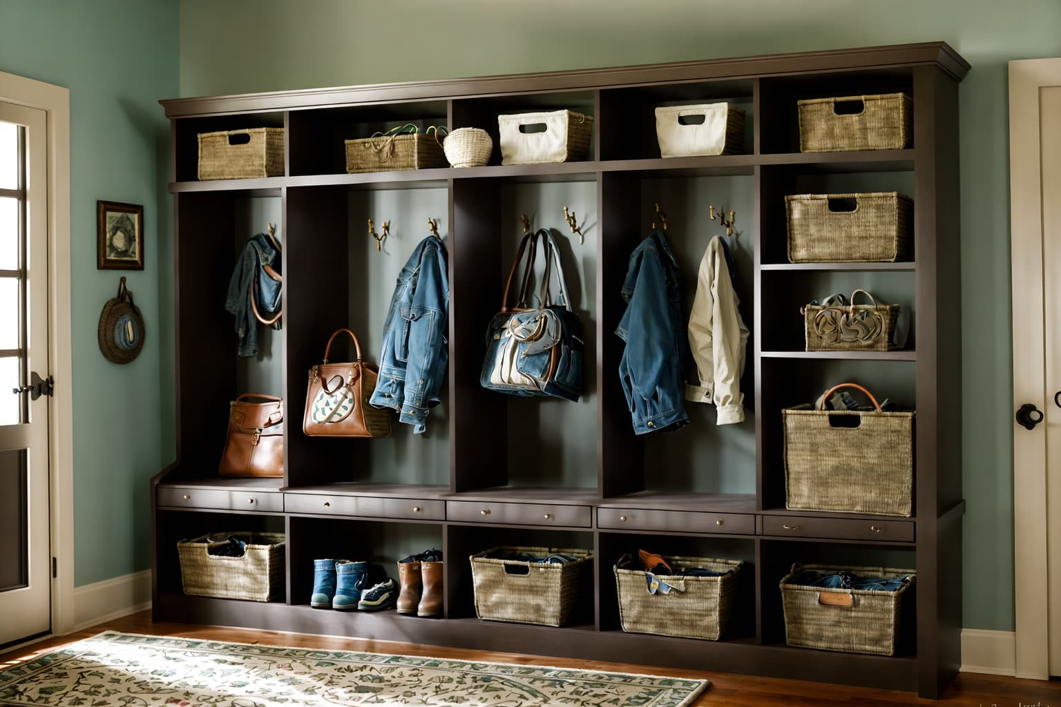 eclectic-style (mudroom interior) with storage drawers and storage baskets and shelves for shoes and wall hooks for coats and a bench and high up storage and cabinets and cubbies. . . cinematic photo, highly detailed, cinematic lighting, ultra-detailed, ultrarealistic, photorealism, 8k. eclectic interior design style. masterpiece, cinematic light, ultrarealistic+, photorealistic+, 8k, raw photo, realistic, sharp focus on eyes, (symmetrical eyes), (intact eyes), hyperrealistic, highest quality, best quality, , highly detailed, masterpiece, best quality, extremely detailed 8k wallpaper, masterpiece, best quality, ultra-detailed, best shadow, detailed background, detailed face, detailed eyes, high contrast, best illumination, detailed face, dulux, caustic, dynamic angle, detailed glow. dramatic lighting. highly detailed, insanely detailed hair, symmetrical, intricate details, professionally retouched, 8k high definition. strong bokeh. award winning photo.