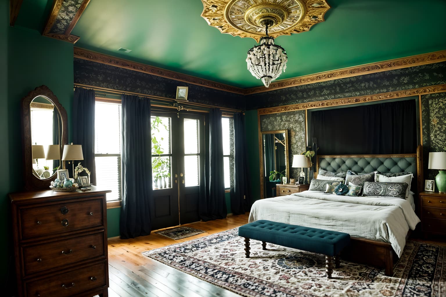 eclectic-style (bedroom interior) with dresser closet and bedside table or night stand and mirror and bed and headboard and accent chair and night light and storage bench or ottoman. . . cinematic photo, highly detailed, cinematic lighting, ultra-detailed, ultrarealistic, photorealism, 8k. eclectic interior design style. masterpiece, cinematic light, ultrarealistic+, photorealistic+, 8k, raw photo, realistic, sharp focus on eyes, (symmetrical eyes), (intact eyes), hyperrealistic, highest quality, best quality, , highly detailed, masterpiece, best quality, extremely detailed 8k wallpaper, masterpiece, best quality, ultra-detailed, best shadow, detailed background, detailed face, detailed eyes, high contrast, best illumination, detailed face, dulux, caustic, dynamic angle, detailed glow. dramatic lighting. highly detailed, insanely detailed hair, symmetrical, intricate details, professionally retouched, 8k high definition. strong bokeh. award winning photo.