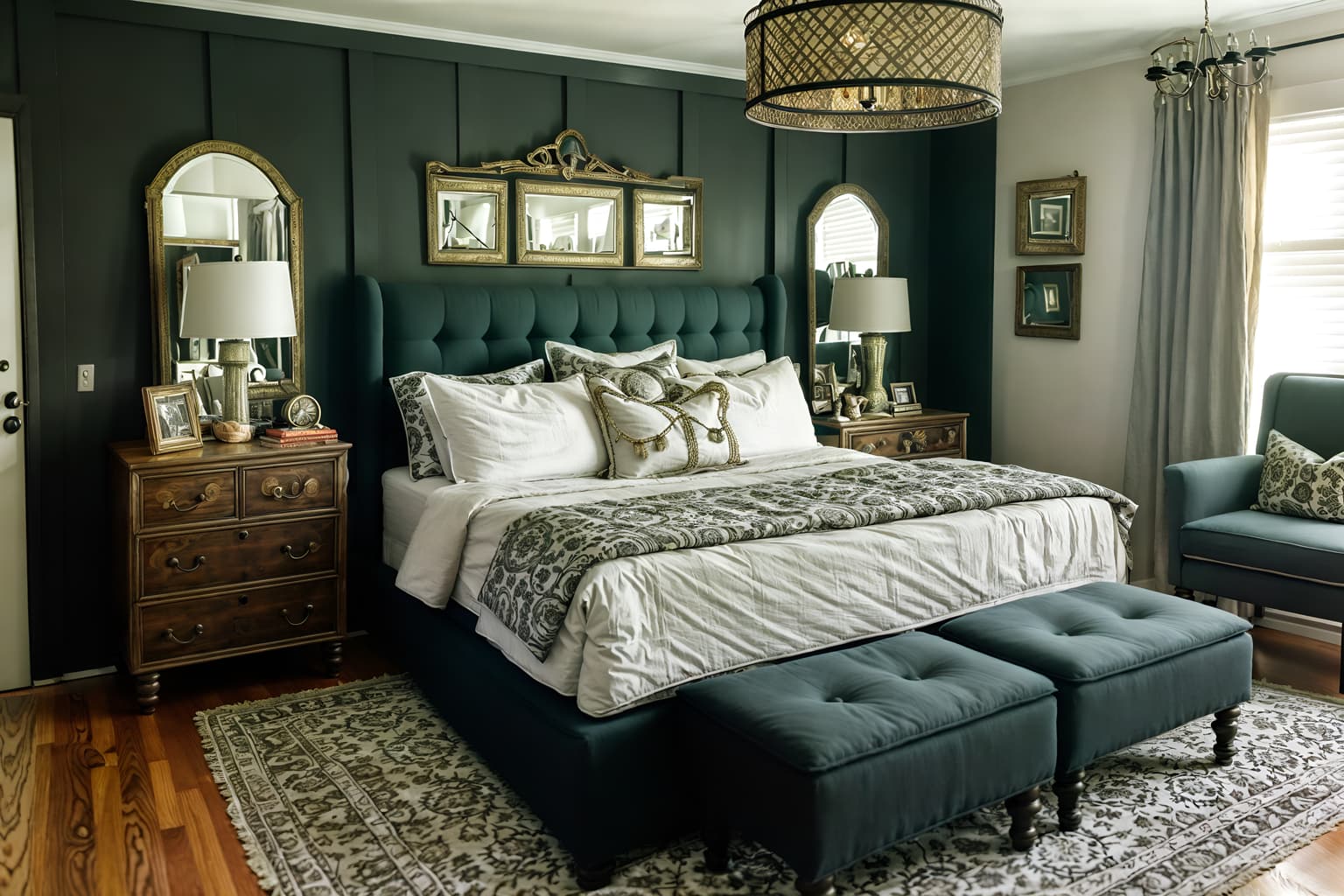 eclectic-style (bedroom interior) with dresser closet and bedside table or night stand and mirror and bed and headboard and accent chair and night light and storage bench or ottoman. . . cinematic photo, highly detailed, cinematic lighting, ultra-detailed, ultrarealistic, photorealism, 8k. eclectic interior design style. masterpiece, cinematic light, ultrarealistic+, photorealistic+, 8k, raw photo, realistic, sharp focus on eyes, (symmetrical eyes), (intact eyes), hyperrealistic, highest quality, best quality, , highly detailed, masterpiece, best quality, extremely detailed 8k wallpaper, masterpiece, best quality, ultra-detailed, best shadow, detailed background, detailed face, detailed eyes, high contrast, best illumination, detailed face, dulux, caustic, dynamic angle, detailed glow. dramatic lighting. highly detailed, insanely detailed hair, symmetrical, intricate details, professionally retouched, 8k high definition. strong bokeh. award winning photo.