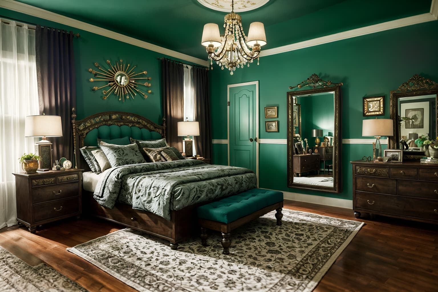 eclectic-style (bedroom interior) with dresser closet and bedside table or night stand and mirror and bed and headboard and accent chair and night light and storage bench or ottoman. . . cinematic photo, highly detailed, cinematic lighting, ultra-detailed, ultrarealistic, photorealism, 8k. eclectic interior design style. masterpiece, cinematic light, ultrarealistic+, photorealistic+, 8k, raw photo, realistic, sharp focus on eyes, (symmetrical eyes), (intact eyes), hyperrealistic, highest quality, best quality, , highly detailed, masterpiece, best quality, extremely detailed 8k wallpaper, masterpiece, best quality, ultra-detailed, best shadow, detailed background, detailed face, detailed eyes, high contrast, best illumination, detailed face, dulux, caustic, dynamic angle, detailed glow. dramatic lighting. highly detailed, insanely detailed hair, symmetrical, intricate details, professionally retouched, 8k high definition. strong bokeh. award winning photo.