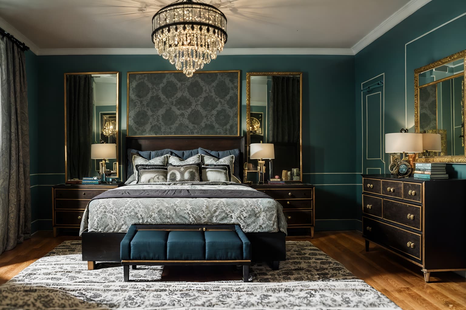 eclectic-style (bedroom interior) with dresser closet and bedside table or night stand and mirror and bed and headboard and accent chair and night light and storage bench or ottoman. . . cinematic photo, highly detailed, cinematic lighting, ultra-detailed, ultrarealistic, photorealism, 8k. eclectic interior design style. masterpiece, cinematic light, ultrarealistic+, photorealistic+, 8k, raw photo, realistic, sharp focus on eyes, (symmetrical eyes), (intact eyes), hyperrealistic, highest quality, best quality, , highly detailed, masterpiece, best quality, extremely detailed 8k wallpaper, masterpiece, best quality, ultra-detailed, best shadow, detailed background, detailed face, detailed eyes, high contrast, best illumination, detailed face, dulux, caustic, dynamic angle, detailed glow. dramatic lighting. highly detailed, insanely detailed hair, symmetrical, intricate details, professionally retouched, 8k high definition. strong bokeh. award winning photo.
