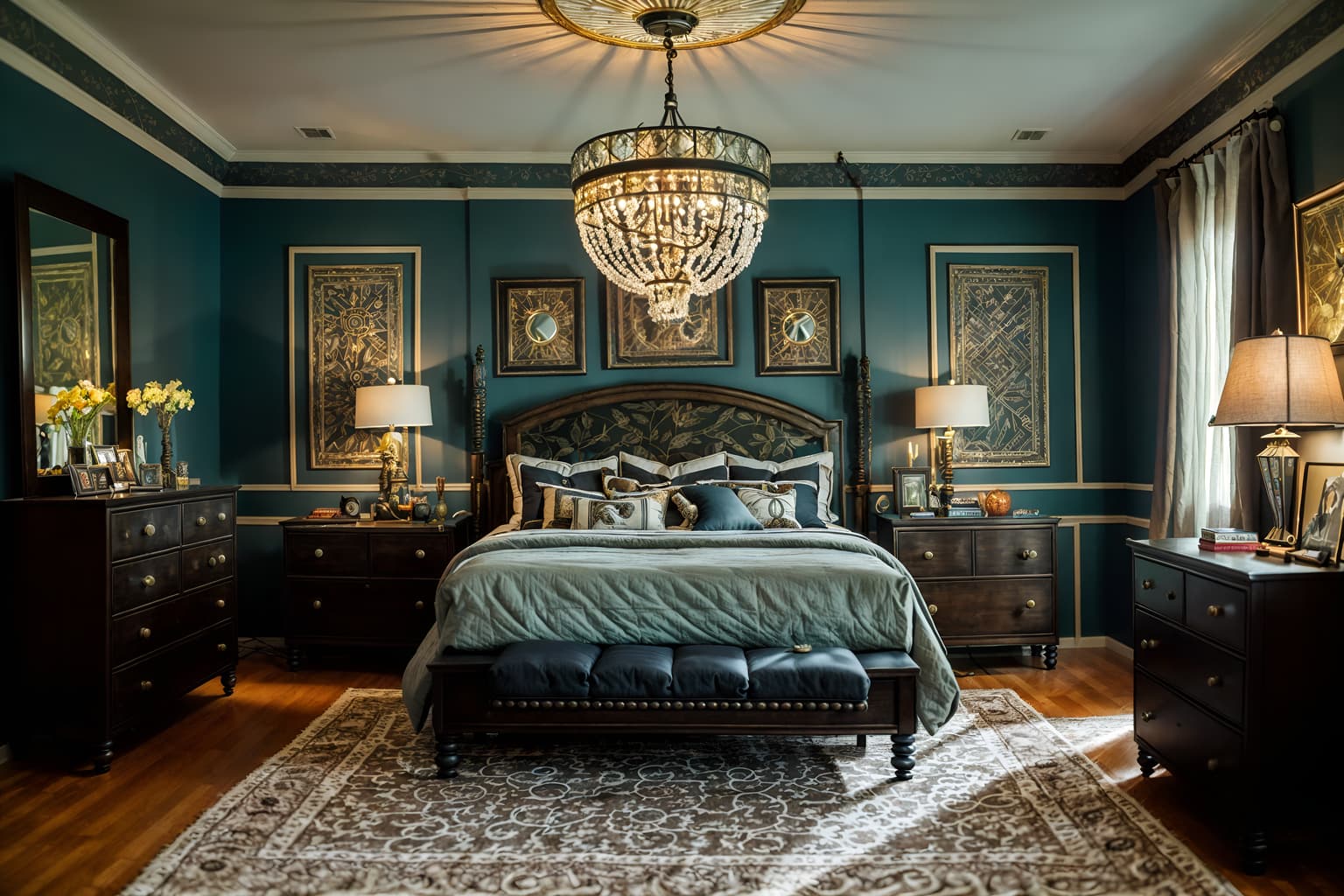 eclectic-style (bedroom interior) with dresser closet and bedside table or night stand and mirror and bed and headboard and accent chair and night light and storage bench or ottoman. . . cinematic photo, highly detailed, cinematic lighting, ultra-detailed, ultrarealistic, photorealism, 8k. eclectic interior design style. masterpiece, cinematic light, ultrarealistic+, photorealistic+, 8k, raw photo, realistic, sharp focus on eyes, (symmetrical eyes), (intact eyes), hyperrealistic, highest quality, best quality, , highly detailed, masterpiece, best quality, extremely detailed 8k wallpaper, masterpiece, best quality, ultra-detailed, best shadow, detailed background, detailed face, detailed eyes, high contrast, best illumination, detailed face, dulux, caustic, dynamic angle, detailed glow. dramatic lighting. highly detailed, insanely detailed hair, symmetrical, intricate details, professionally retouched, 8k high definition. strong bokeh. award winning photo.