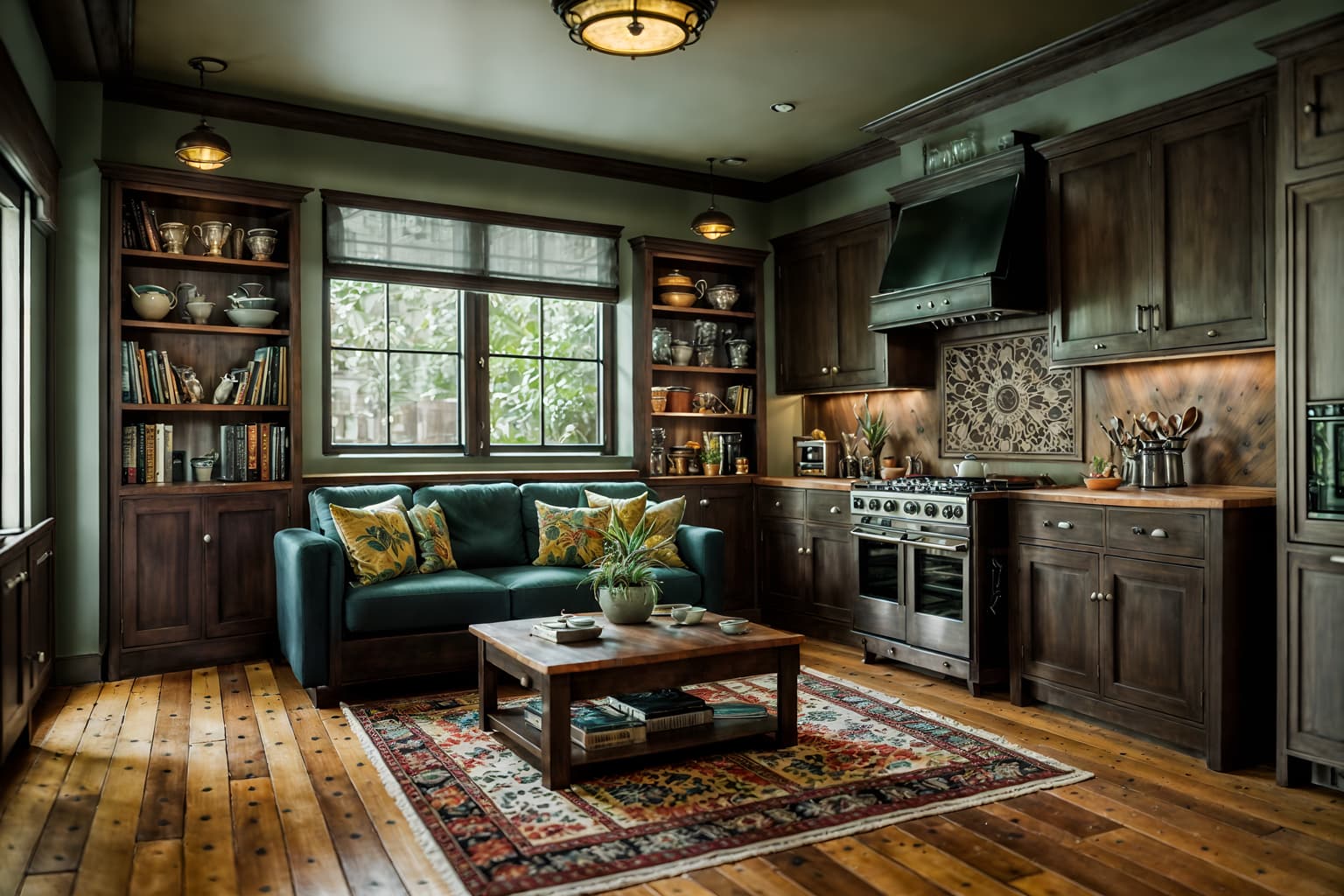 eclectic-style (kitchen living combo interior) with televisions and coffee tables and bookshelves and kitchen cabinets and worktops and furniture and plant and sink. . . cinematic photo, highly detailed, cinematic lighting, ultra-detailed, ultrarealistic, photorealism, 8k. eclectic interior design style. masterpiece, cinematic light, ultrarealistic+, photorealistic+, 8k, raw photo, realistic, sharp focus on eyes, (symmetrical eyes), (intact eyes), hyperrealistic, highest quality, best quality, , highly detailed, masterpiece, best quality, extremely detailed 8k wallpaper, masterpiece, best quality, ultra-detailed, best shadow, detailed background, detailed face, detailed eyes, high contrast, best illumination, detailed face, dulux, caustic, dynamic angle, detailed glow. dramatic lighting. highly detailed, insanely detailed hair, symmetrical, intricate details, professionally retouched, 8k high definition. strong bokeh. award winning photo.