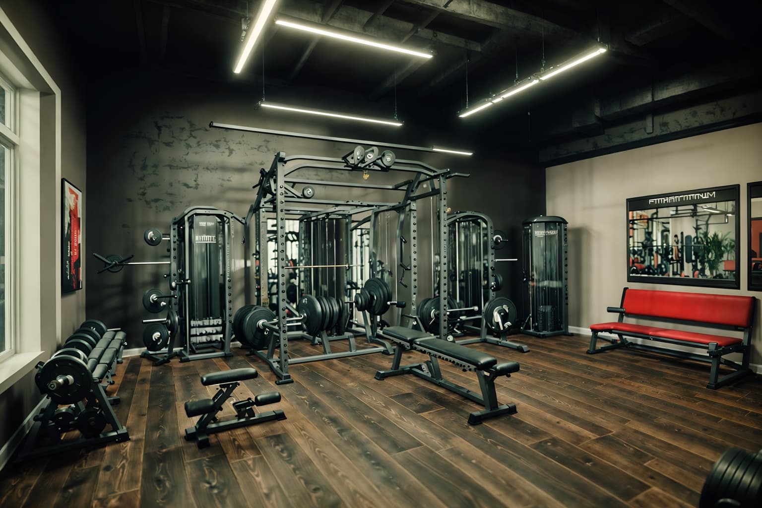 eclectic-style (fitness gym interior) with squat rack and crosstrainer and exercise bicycle and bench press and dumbbell stand and squat rack. . . cinematic photo, highly detailed, cinematic lighting, ultra-detailed, ultrarealistic, photorealism, 8k. eclectic interior design style. masterpiece, cinematic light, ultrarealistic+, photorealistic+, 8k, raw photo, realistic, sharp focus on eyes, (symmetrical eyes), (intact eyes), hyperrealistic, highest quality, best quality, , highly detailed, masterpiece, best quality, extremely detailed 8k wallpaper, masterpiece, best quality, ultra-detailed, best shadow, detailed background, detailed face, detailed eyes, high contrast, best illumination, detailed face, dulux, caustic, dynamic angle, detailed glow. dramatic lighting. highly detailed, insanely detailed hair, symmetrical, intricate details, professionally retouched, 8k high definition. strong bokeh. award winning photo.