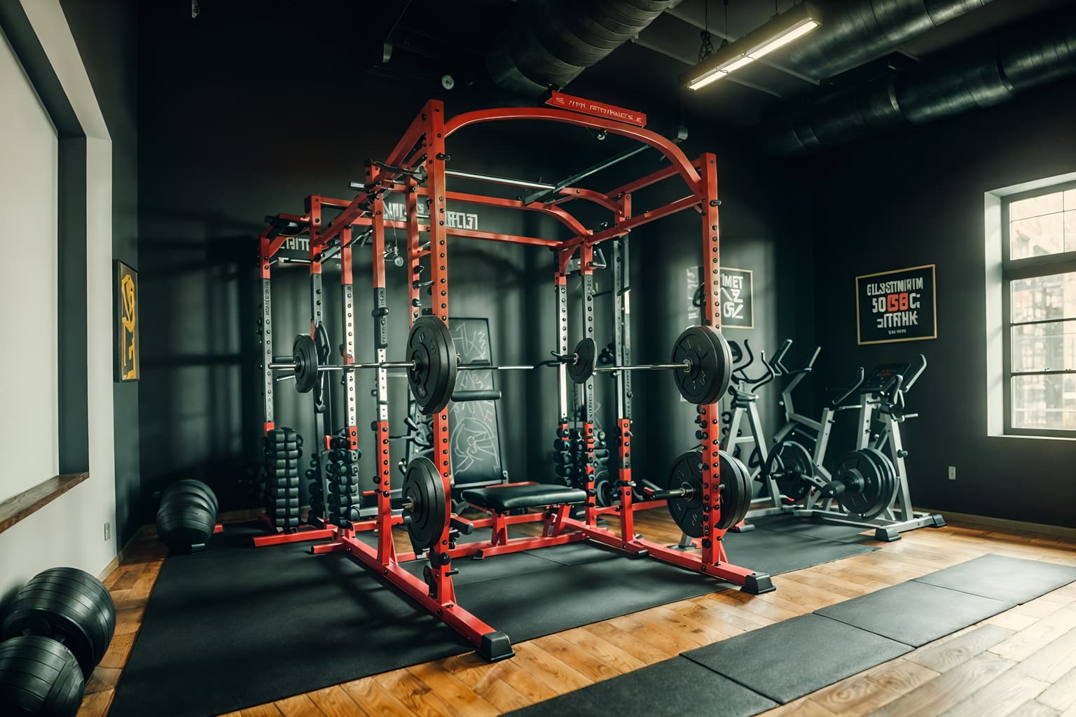 eclectic-style (fitness gym interior) with squat rack and crosstrainer and exercise bicycle and bench press and dumbbell stand and squat rack. . . cinematic photo, highly detailed, cinematic lighting, ultra-detailed, ultrarealistic, photorealism, 8k. eclectic interior design style. masterpiece, cinematic light, ultrarealistic+, photorealistic+, 8k, raw photo, realistic, sharp focus on eyes, (symmetrical eyes), (intact eyes), hyperrealistic, highest quality, best quality, , highly detailed, masterpiece, best quality, extremely detailed 8k wallpaper, masterpiece, best quality, ultra-detailed, best shadow, detailed background, detailed face, detailed eyes, high contrast, best illumination, detailed face, dulux, caustic, dynamic angle, detailed glow. dramatic lighting. highly detailed, insanely detailed hair, symmetrical, intricate details, professionally retouched, 8k high definition. strong bokeh. award winning photo.