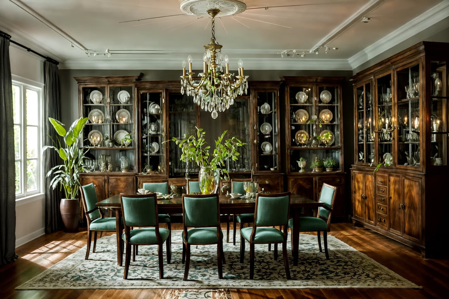 eclectic-style (dining room interior) with plant and light or chandelier and bookshelves and plates, cutlery and glasses on dining table and vase and dining table chairs and dining table and table cloth. . . cinematic photo, highly detailed, cinematic lighting, ultra-detailed, ultrarealistic, photorealism, 8k. eclectic interior design style. masterpiece, cinematic light, ultrarealistic+, photorealistic+, 8k, raw photo, realistic, sharp focus on eyes, (symmetrical eyes), (intact eyes), hyperrealistic, highest quality, best quality, , highly detailed, masterpiece, best quality, extremely detailed 8k wallpaper, masterpiece, best quality, ultra-detailed, best shadow, detailed background, detailed face, detailed eyes, high contrast, best illumination, detailed face, dulux, caustic, dynamic angle, detailed glow. dramatic lighting. highly detailed, insanely detailed hair, symmetrical, intricate details, professionally retouched, 8k high definition. strong bokeh. award winning photo.