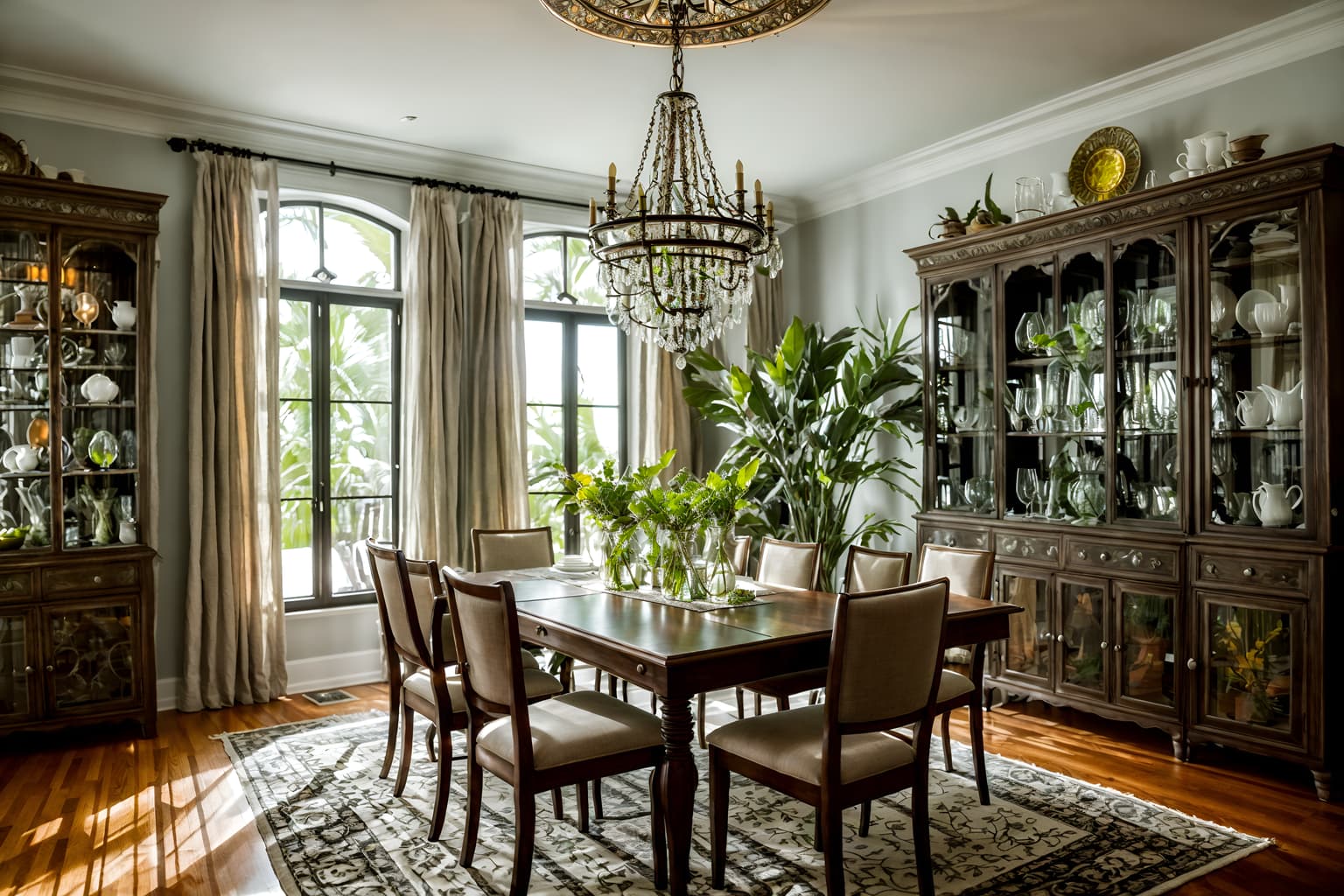 eclectic-style (dining room interior) with plant and light or chandelier and bookshelves and plates, cutlery and glasses on dining table and vase and dining table chairs and dining table and table cloth. . . cinematic photo, highly detailed, cinematic lighting, ultra-detailed, ultrarealistic, photorealism, 8k. eclectic interior design style. masterpiece, cinematic light, ultrarealistic+, photorealistic+, 8k, raw photo, realistic, sharp focus on eyes, (symmetrical eyes), (intact eyes), hyperrealistic, highest quality, best quality, , highly detailed, masterpiece, best quality, extremely detailed 8k wallpaper, masterpiece, best quality, ultra-detailed, best shadow, detailed background, detailed face, detailed eyes, high contrast, best illumination, detailed face, dulux, caustic, dynamic angle, detailed glow. dramatic lighting. highly detailed, insanely detailed hair, symmetrical, intricate details, professionally retouched, 8k high definition. strong bokeh. award winning photo.