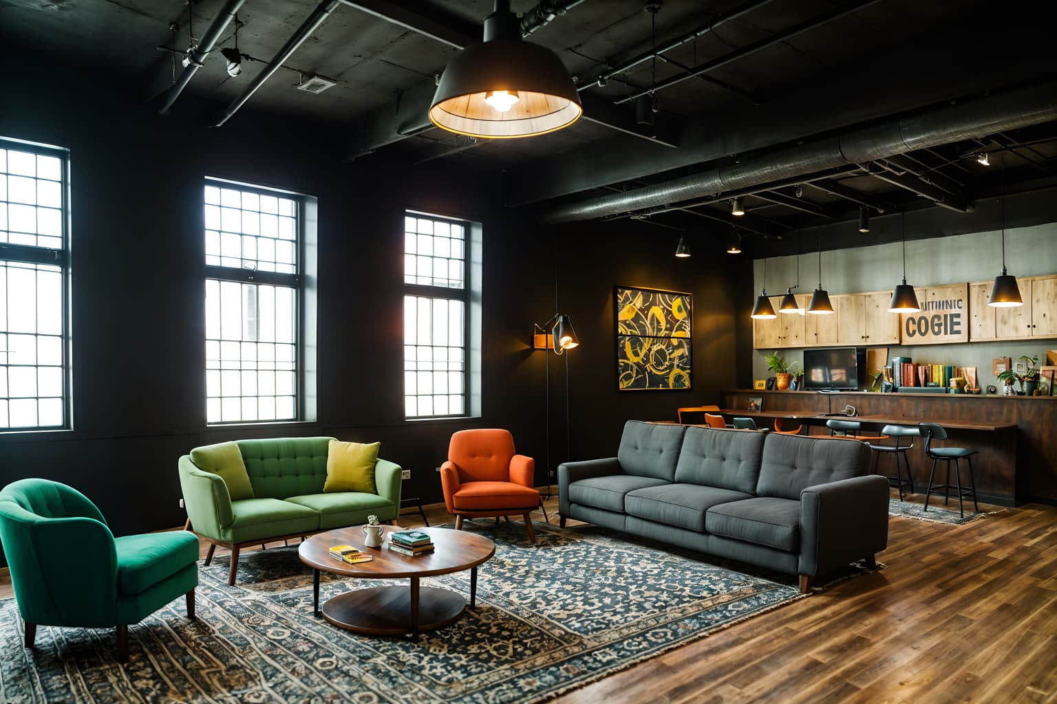 eclectic-style (coworking space interior) with seating area with sofa and office desks and office chairs and lounge chairs and seating area with sofa. . . cinematic photo, highly detailed, cinematic lighting, ultra-detailed, ultrarealistic, photorealism, 8k. eclectic interior design style. masterpiece, cinematic light, ultrarealistic+, photorealistic+, 8k, raw photo, realistic, sharp focus on eyes, (symmetrical eyes), (intact eyes), hyperrealistic, highest quality, best quality, , highly detailed, masterpiece, best quality, extremely detailed 8k wallpaper, masterpiece, best quality, ultra-detailed, best shadow, detailed background, detailed face, detailed eyes, high contrast, best illumination, detailed face, dulux, caustic, dynamic angle, detailed glow. dramatic lighting. highly detailed, insanely detailed hair, symmetrical, intricate details, professionally retouched, 8k high definition. strong bokeh. award winning photo.