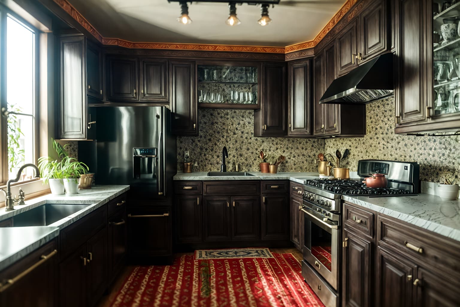eclectic-style (kitchen interior) with refrigerator and sink and kitchen cabinets and stove and worktops and plant and refrigerator. . . cinematic photo, highly detailed, cinematic lighting, ultra-detailed, ultrarealistic, photorealism, 8k. eclectic interior design style. masterpiece, cinematic light, ultrarealistic+, photorealistic+, 8k, raw photo, realistic, sharp focus on eyes, (symmetrical eyes), (intact eyes), hyperrealistic, highest quality, best quality, , highly detailed, masterpiece, best quality, extremely detailed 8k wallpaper, masterpiece, best quality, ultra-detailed, best shadow, detailed background, detailed face, detailed eyes, high contrast, best illumination, detailed face, dulux, caustic, dynamic angle, detailed glow. dramatic lighting. highly detailed, insanely detailed hair, symmetrical, intricate details, professionally retouched, 8k high definition. strong bokeh. award winning photo.