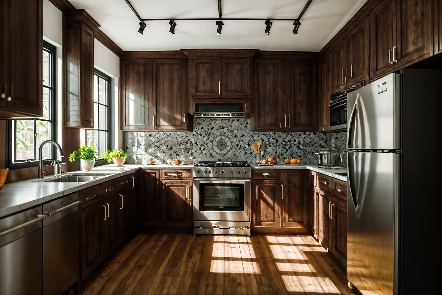 eclectic-style (kitchen interior) with refrigerator and sink and kitchen cabinets and stove and worktops and plant and refrigerator. . . cinematic photo, highly detailed, cinematic lighting, ultra-detailed, ultrarealistic, photorealism, 8k. eclectic interior design style. masterpiece, cinematic light, ultrarealistic+, photorealistic+, 8k, raw photo, realistic, sharp focus on eyes, (symmetrical eyes), (intact eyes), hyperrealistic, highest quality, best quality, , highly detailed, masterpiece, best quality, extremely detailed 8k wallpaper, masterpiece, best quality, ultra-detailed, best shadow, detailed background, detailed face, detailed eyes, high contrast, best illumination, detailed face, dulux, caustic, dynamic angle, detailed glow. dramatic lighting. highly detailed, insanely detailed hair, symmetrical, intricate details, professionally retouched, 8k high definition. strong bokeh. award winning photo.