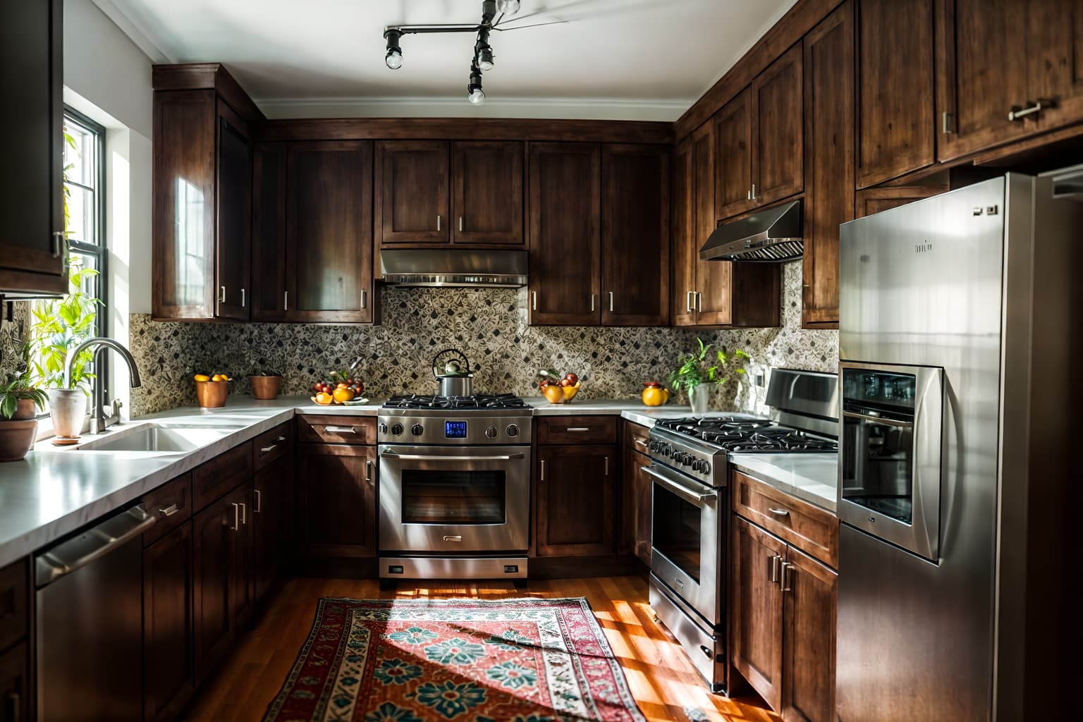 eclectic-style (kitchen interior) with refrigerator and sink and kitchen cabinets and stove and worktops and plant and refrigerator. . . cinematic photo, highly detailed, cinematic lighting, ultra-detailed, ultrarealistic, photorealism, 8k. eclectic interior design style. masterpiece, cinematic light, ultrarealistic+, photorealistic+, 8k, raw photo, realistic, sharp focus on eyes, (symmetrical eyes), (intact eyes), hyperrealistic, highest quality, best quality, , highly detailed, masterpiece, best quality, extremely detailed 8k wallpaper, masterpiece, best quality, ultra-detailed, best shadow, detailed background, detailed face, detailed eyes, high contrast, best illumination, detailed face, dulux, caustic, dynamic angle, detailed glow. dramatic lighting. highly detailed, insanely detailed hair, symmetrical, intricate details, professionally retouched, 8k high definition. strong bokeh. award winning photo.