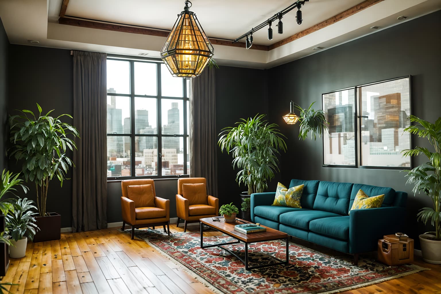 eclectic-style (office interior) with windows and seating area with sofa and computer desks and desk lamps and lounge chairs and cabinets and plants and office desks. . . cinematic photo, highly detailed, cinematic lighting, ultra-detailed, ultrarealistic, photorealism, 8k. eclectic interior design style. masterpiece, cinematic light, ultrarealistic+, photorealistic+, 8k, raw photo, realistic, sharp focus on eyes, (symmetrical eyes), (intact eyes), hyperrealistic, highest quality, best quality, , highly detailed, masterpiece, best quality, extremely detailed 8k wallpaper, masterpiece, best quality, ultra-detailed, best shadow, detailed background, detailed face, detailed eyes, high contrast, best illumination, detailed face, dulux, caustic, dynamic angle, detailed glow. dramatic lighting. highly detailed, insanely detailed hair, symmetrical, intricate details, professionally retouched, 8k high definition. strong bokeh. award winning photo.