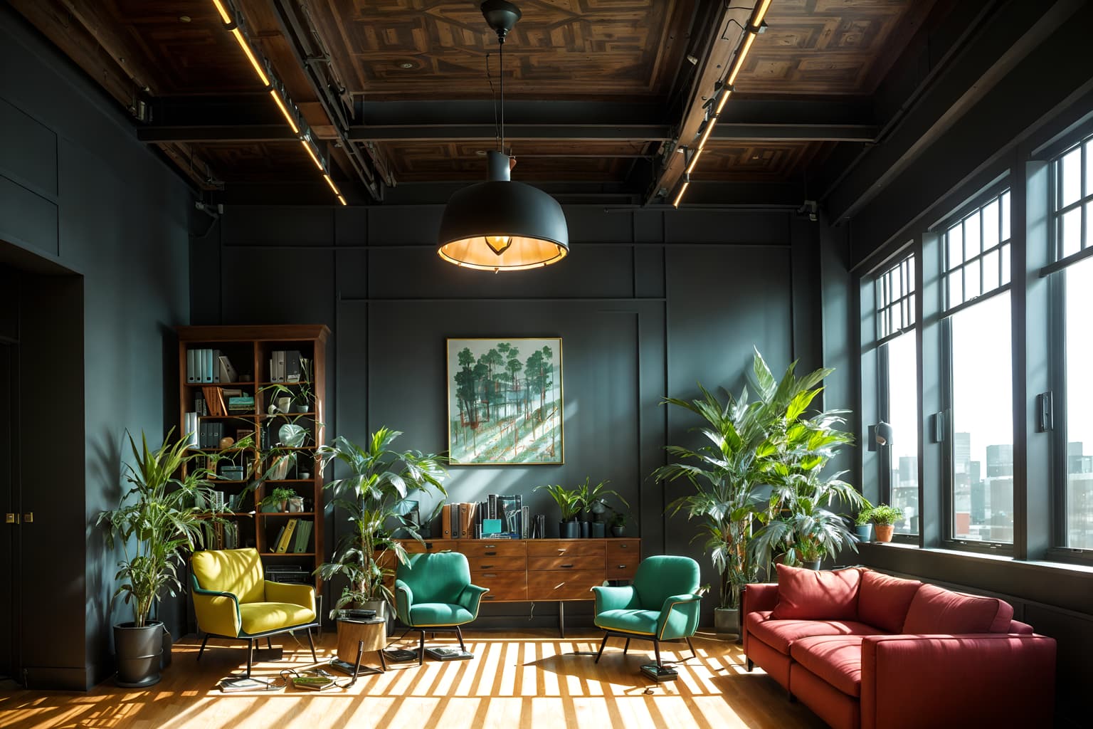 eclectic-style (office interior) with windows and seating area with sofa and computer desks and desk lamps and lounge chairs and cabinets and plants and office desks. . . cinematic photo, highly detailed, cinematic lighting, ultra-detailed, ultrarealistic, photorealism, 8k. eclectic interior design style. masterpiece, cinematic light, ultrarealistic+, photorealistic+, 8k, raw photo, realistic, sharp focus on eyes, (symmetrical eyes), (intact eyes), hyperrealistic, highest quality, best quality, , highly detailed, masterpiece, best quality, extremely detailed 8k wallpaper, masterpiece, best quality, ultra-detailed, best shadow, detailed background, detailed face, detailed eyes, high contrast, best illumination, detailed face, dulux, caustic, dynamic angle, detailed glow. dramatic lighting. highly detailed, insanely detailed hair, symmetrical, intricate details, professionally retouched, 8k high definition. strong bokeh. award winning photo.