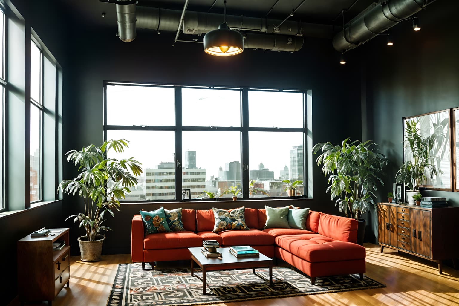 eclectic-style (office interior) with windows and seating area with sofa and computer desks and desk lamps and lounge chairs and cabinets and plants and office desks. . . cinematic photo, highly detailed, cinematic lighting, ultra-detailed, ultrarealistic, photorealism, 8k. eclectic interior design style. masterpiece, cinematic light, ultrarealistic+, photorealistic+, 8k, raw photo, realistic, sharp focus on eyes, (symmetrical eyes), (intact eyes), hyperrealistic, highest quality, best quality, , highly detailed, masterpiece, best quality, extremely detailed 8k wallpaper, masterpiece, best quality, ultra-detailed, best shadow, detailed background, detailed face, detailed eyes, high contrast, best illumination, detailed face, dulux, caustic, dynamic angle, detailed glow. dramatic lighting. highly detailed, insanely detailed hair, symmetrical, intricate details, professionally retouched, 8k high definition. strong bokeh. award winning photo.