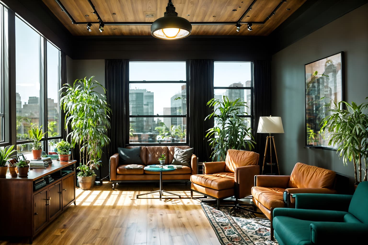 eclectic-style (office interior) with windows and seating area with sofa and computer desks and desk lamps and lounge chairs and cabinets and plants and office desks. . . cinematic photo, highly detailed, cinematic lighting, ultra-detailed, ultrarealistic, photorealism, 8k. eclectic interior design style. masterpiece, cinematic light, ultrarealistic+, photorealistic+, 8k, raw photo, realistic, sharp focus on eyes, (symmetrical eyes), (intact eyes), hyperrealistic, highest quality, best quality, , highly detailed, masterpiece, best quality, extremely detailed 8k wallpaper, masterpiece, best quality, ultra-detailed, best shadow, detailed background, detailed face, detailed eyes, high contrast, best illumination, detailed face, dulux, caustic, dynamic angle, detailed glow. dramatic lighting. highly detailed, insanely detailed hair, symmetrical, intricate details, professionally retouched, 8k high definition. strong bokeh. award winning photo.
