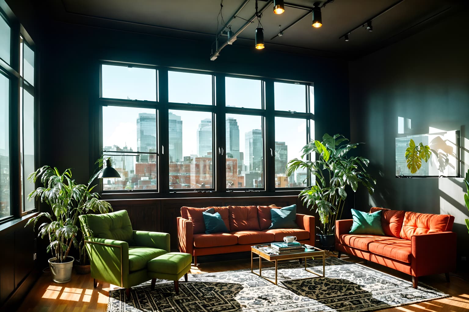 eclectic-style (office interior) with windows and seating area with sofa and computer desks and desk lamps and lounge chairs and cabinets and plants and office desks. . . cinematic photo, highly detailed, cinematic lighting, ultra-detailed, ultrarealistic, photorealism, 8k. eclectic interior design style. masterpiece, cinematic light, ultrarealistic+, photorealistic+, 8k, raw photo, realistic, sharp focus on eyes, (symmetrical eyes), (intact eyes), hyperrealistic, highest quality, best quality, , highly detailed, masterpiece, best quality, extremely detailed 8k wallpaper, masterpiece, best quality, ultra-detailed, best shadow, detailed background, detailed face, detailed eyes, high contrast, best illumination, detailed face, dulux, caustic, dynamic angle, detailed glow. dramatic lighting. highly detailed, insanely detailed hair, symmetrical, intricate details, professionally retouched, 8k high definition. strong bokeh. award winning photo.