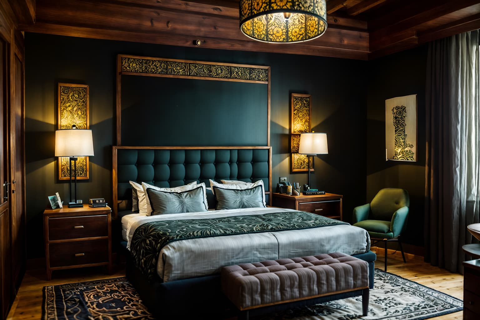 eclectic-style (hotel room interior) with bedside table or night stand and plant and bed and storage bench or ottoman and working desk with desk chair and night light and hotel bathroom and headboard. . . cinematic photo, highly detailed, cinematic lighting, ultra-detailed, ultrarealistic, photorealism, 8k. eclectic interior design style. masterpiece, cinematic light, ultrarealistic+, photorealistic+, 8k, raw photo, realistic, sharp focus on eyes, (symmetrical eyes), (intact eyes), hyperrealistic, highest quality, best quality, , highly detailed, masterpiece, best quality, extremely detailed 8k wallpaper, masterpiece, best quality, ultra-detailed, best shadow, detailed background, detailed face, detailed eyes, high contrast, best illumination, detailed face, dulux, caustic, dynamic angle, detailed glow. dramatic lighting. highly detailed, insanely detailed hair, symmetrical, intricate details, professionally retouched, 8k high definition. strong bokeh. award winning photo.