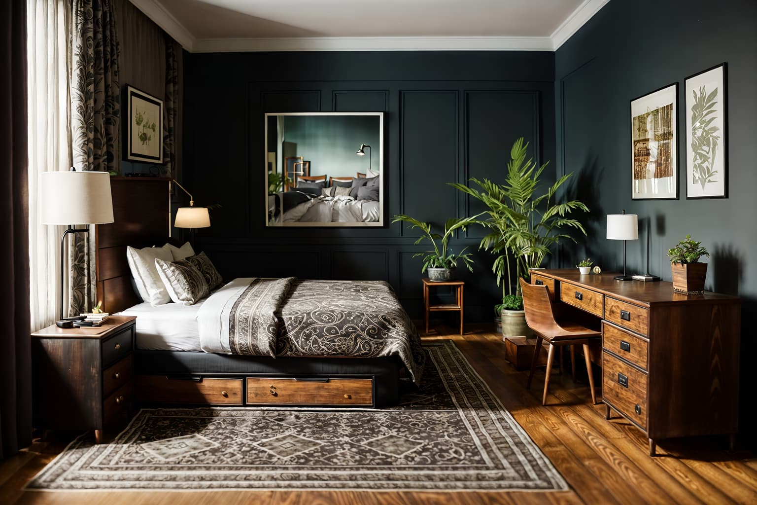 eclectic-style (hotel room interior) with bedside table or night stand and plant and bed and storage bench or ottoman and working desk with desk chair and night light and hotel bathroom and headboard. . . cinematic photo, highly detailed, cinematic lighting, ultra-detailed, ultrarealistic, photorealism, 8k. eclectic interior design style. masterpiece, cinematic light, ultrarealistic+, photorealistic+, 8k, raw photo, realistic, sharp focus on eyes, (symmetrical eyes), (intact eyes), hyperrealistic, highest quality, best quality, , highly detailed, masterpiece, best quality, extremely detailed 8k wallpaper, masterpiece, best quality, ultra-detailed, best shadow, detailed background, detailed face, detailed eyes, high contrast, best illumination, detailed face, dulux, caustic, dynamic angle, detailed glow. dramatic lighting. highly detailed, insanely detailed hair, symmetrical, intricate details, professionally retouched, 8k high definition. strong bokeh. award winning photo.
