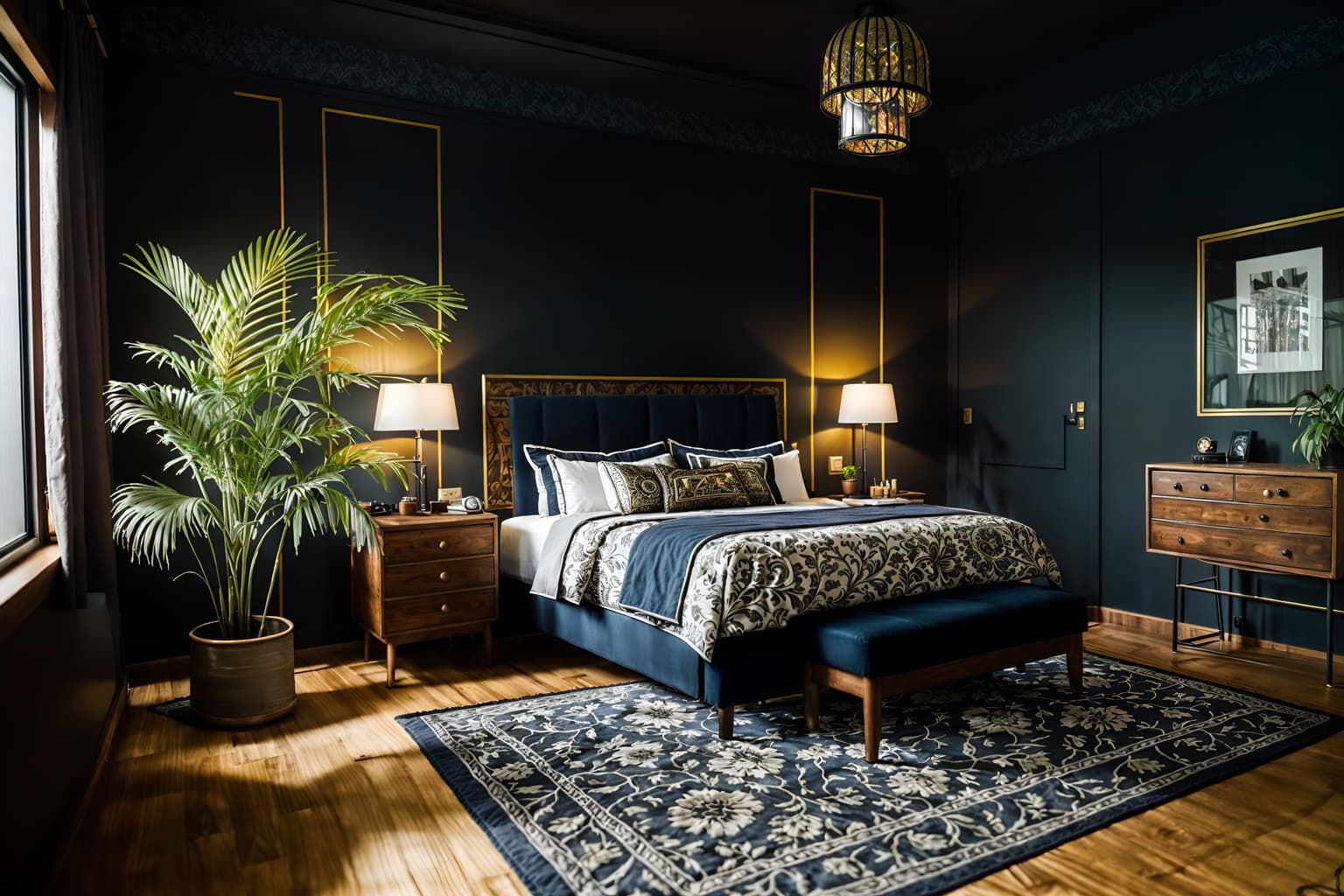 eclectic-style (hotel room interior) with bedside table or night stand and plant and bed and storage bench or ottoman and working desk with desk chair and night light and hotel bathroom and headboard. . . cinematic photo, highly detailed, cinematic lighting, ultra-detailed, ultrarealistic, photorealism, 8k. eclectic interior design style. masterpiece, cinematic light, ultrarealistic+, photorealistic+, 8k, raw photo, realistic, sharp focus on eyes, (symmetrical eyes), (intact eyes), hyperrealistic, highest quality, best quality, , highly detailed, masterpiece, best quality, extremely detailed 8k wallpaper, masterpiece, best quality, ultra-detailed, best shadow, detailed background, detailed face, detailed eyes, high contrast, best illumination, detailed face, dulux, caustic, dynamic angle, detailed glow. dramatic lighting. highly detailed, insanely detailed hair, symmetrical, intricate details, professionally retouched, 8k high definition. strong bokeh. award winning photo.
