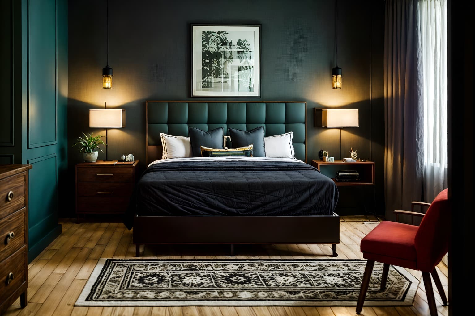 eclectic-style (hotel room interior) with bedside table or night stand and plant and bed and storage bench or ottoman and working desk with desk chair and night light and hotel bathroom and headboard. . . cinematic photo, highly detailed, cinematic lighting, ultra-detailed, ultrarealistic, photorealism, 8k. eclectic interior design style. masterpiece, cinematic light, ultrarealistic+, photorealistic+, 8k, raw photo, realistic, sharp focus on eyes, (symmetrical eyes), (intact eyes), hyperrealistic, highest quality, best quality, , highly detailed, masterpiece, best quality, extremely detailed 8k wallpaper, masterpiece, best quality, ultra-detailed, best shadow, detailed background, detailed face, detailed eyes, high contrast, best illumination, detailed face, dulux, caustic, dynamic angle, detailed glow. dramatic lighting. highly detailed, insanely detailed hair, symmetrical, intricate details, professionally retouched, 8k high definition. strong bokeh. award winning photo.