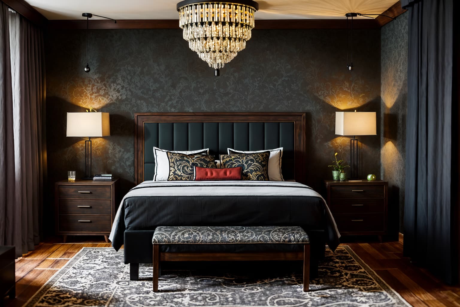 eclectic-style (hotel room interior) with bedside table or night stand and plant and bed and storage bench or ottoman and working desk with desk chair and night light and hotel bathroom and headboard. . . cinematic photo, highly detailed, cinematic lighting, ultra-detailed, ultrarealistic, photorealism, 8k. eclectic interior design style. masterpiece, cinematic light, ultrarealistic+, photorealistic+, 8k, raw photo, realistic, sharp focus on eyes, (symmetrical eyes), (intact eyes), hyperrealistic, highest quality, best quality, , highly detailed, masterpiece, best quality, extremely detailed 8k wallpaper, masterpiece, best quality, ultra-detailed, best shadow, detailed background, detailed face, detailed eyes, high contrast, best illumination, detailed face, dulux, caustic, dynamic angle, detailed glow. dramatic lighting. highly detailed, insanely detailed hair, symmetrical, intricate details, professionally retouched, 8k high definition. strong bokeh. award winning photo.