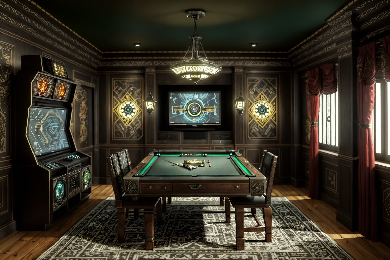 eclectic-style (gaming room interior) . . cinematic photo, highly detailed, cinematic lighting, ultra-detailed, ultrarealistic, photorealism, 8k. eclectic interior design style. masterpiece, cinematic light, ultrarealistic+, photorealistic+, 8k, raw photo, realistic, sharp focus on eyes, (symmetrical eyes), (intact eyes), hyperrealistic, highest quality, best quality, , highly detailed, masterpiece, best quality, extremely detailed 8k wallpaper, masterpiece, best quality, ultra-detailed, best shadow, detailed background, detailed face, detailed eyes, high contrast, best illumination, detailed face, dulux, caustic, dynamic angle, detailed glow. dramatic lighting. highly detailed, insanely detailed hair, symmetrical, intricate details, professionally retouched, 8k high definition. strong bokeh. award winning photo.