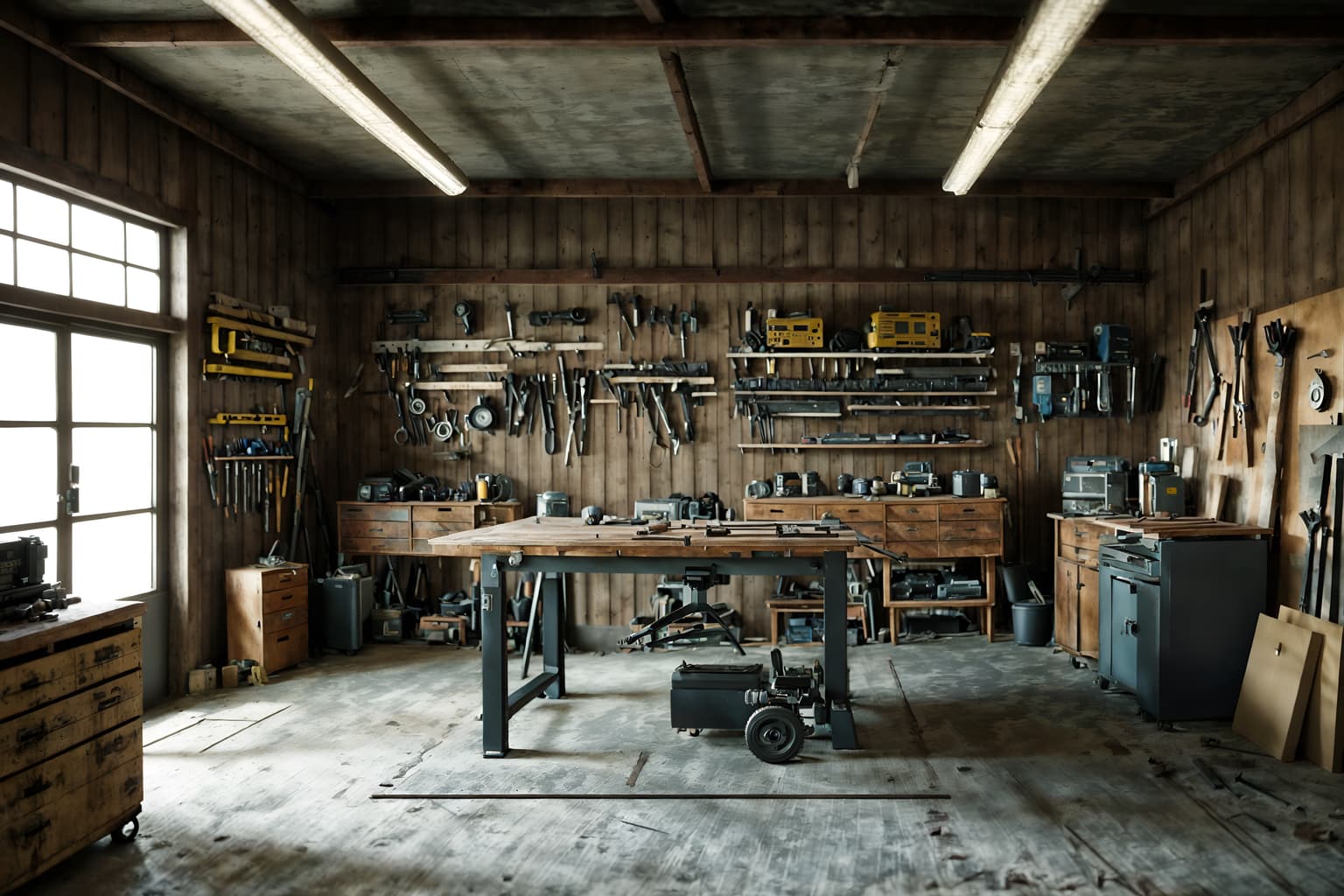contemporary-style (workshop interior) with tool wall and messy and wooden workbench and tool wall. . with . . cinematic photo, highly detailed, cinematic lighting, ultra-detailed, ultrarealistic, photorealism, 8k. contemporary interior design style. masterpiece, cinematic light, ultrarealistic+, photorealistic+, 8k, raw photo, realistic, sharp focus on eyes, (symmetrical eyes), (intact eyes), hyperrealistic, highest quality, best quality, , highly detailed, masterpiece, best quality, extremely detailed 8k wallpaper, masterpiece, best quality, ultra-detailed, best shadow, detailed background, detailed face, detailed eyes, high contrast, best illumination, detailed face, dulux, caustic, dynamic angle, detailed glow. dramatic lighting. highly detailed, insanely detailed hair, symmetrical, intricate details, professionally retouched, 8k high definition. strong bokeh. award winning photo.
