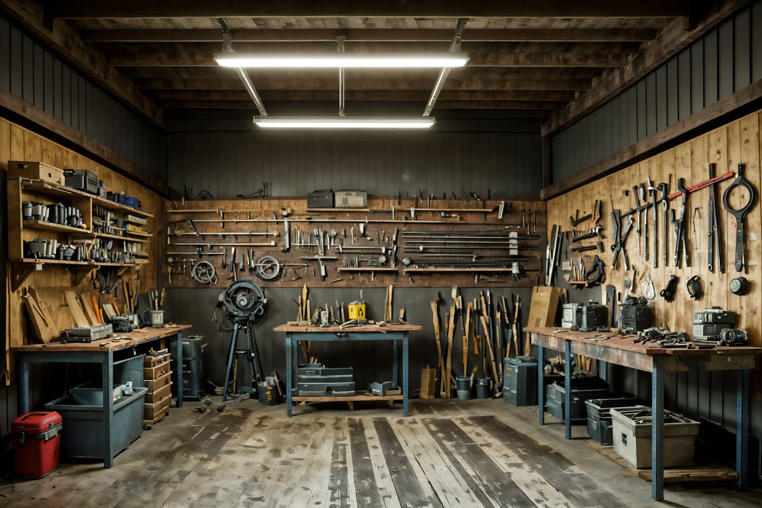 contemporary-style (workshop interior) with tool wall and messy and wooden workbench and tool wall. . with . . cinematic photo, highly detailed, cinematic lighting, ultra-detailed, ultrarealistic, photorealism, 8k. contemporary interior design style. masterpiece, cinematic light, ultrarealistic+, photorealistic+, 8k, raw photo, realistic, sharp focus on eyes, (symmetrical eyes), (intact eyes), hyperrealistic, highest quality, best quality, , highly detailed, masterpiece, best quality, extremely detailed 8k wallpaper, masterpiece, best quality, ultra-detailed, best shadow, detailed background, detailed face, detailed eyes, high contrast, best illumination, detailed face, dulux, caustic, dynamic angle, detailed glow. dramatic lighting. highly detailed, insanely detailed hair, symmetrical, intricate details, professionally retouched, 8k high definition. strong bokeh. award winning photo.
