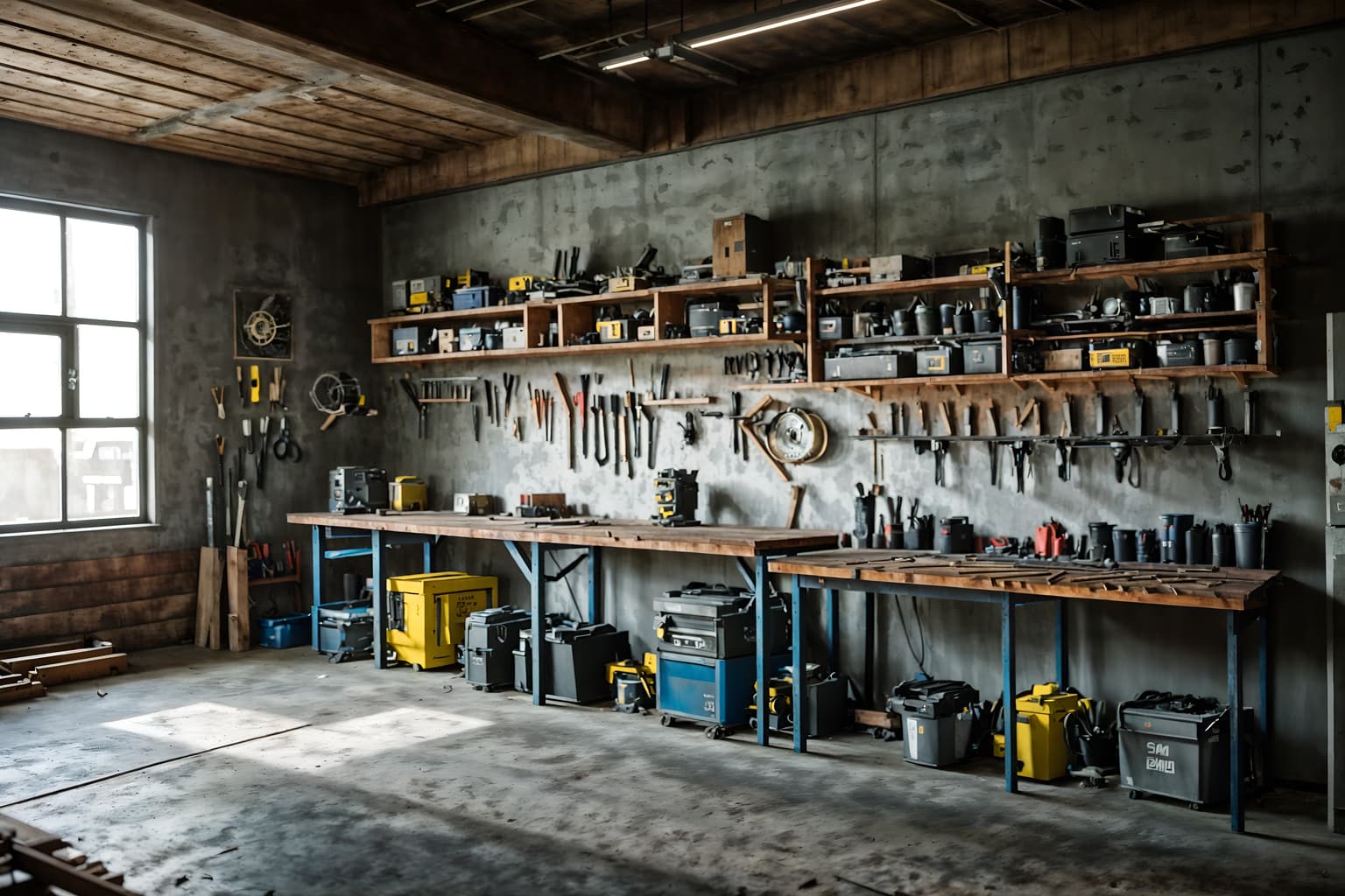 contemporary-style (workshop interior) with tool wall and messy and wooden workbench and tool wall. . with . . cinematic photo, highly detailed, cinematic lighting, ultra-detailed, ultrarealistic, photorealism, 8k. contemporary interior design style. masterpiece, cinematic light, ultrarealistic+, photorealistic+, 8k, raw photo, realistic, sharp focus on eyes, (symmetrical eyes), (intact eyes), hyperrealistic, highest quality, best quality, , highly detailed, masterpiece, best quality, extremely detailed 8k wallpaper, masterpiece, best quality, ultra-detailed, best shadow, detailed background, detailed face, detailed eyes, high contrast, best illumination, detailed face, dulux, caustic, dynamic angle, detailed glow. dramatic lighting. highly detailed, insanely detailed hair, symmetrical, intricate details, professionally retouched, 8k high definition. strong bokeh. award winning photo.