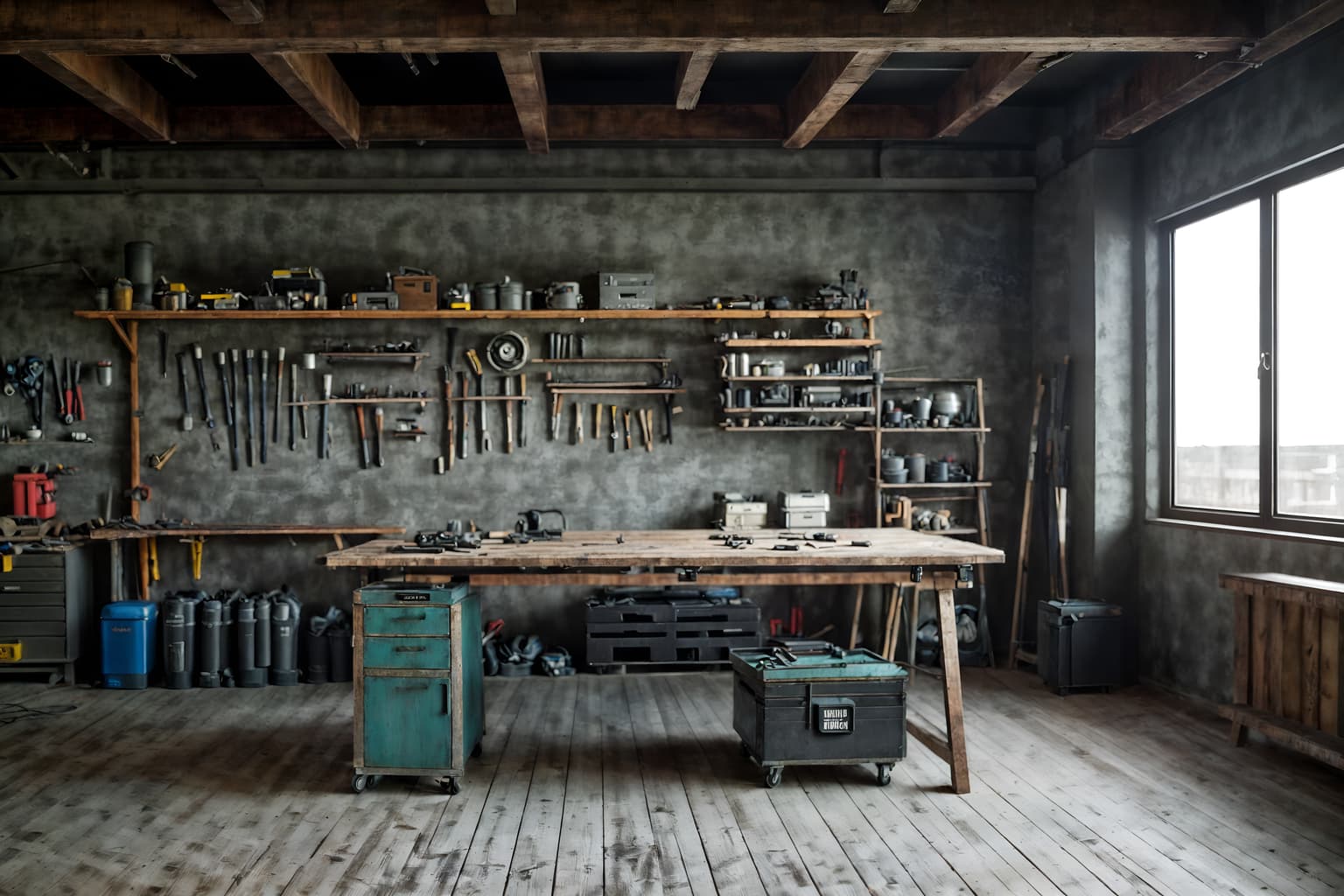 contemporary-style (workshop interior) with tool wall and messy and wooden workbench and tool wall. . with . . cinematic photo, highly detailed, cinematic lighting, ultra-detailed, ultrarealistic, photorealism, 8k. contemporary interior design style. masterpiece, cinematic light, ultrarealistic+, photorealistic+, 8k, raw photo, realistic, sharp focus on eyes, (symmetrical eyes), (intact eyes), hyperrealistic, highest quality, best quality, , highly detailed, masterpiece, best quality, extremely detailed 8k wallpaper, masterpiece, best quality, ultra-detailed, best shadow, detailed background, detailed face, detailed eyes, high contrast, best illumination, detailed face, dulux, caustic, dynamic angle, detailed glow. dramatic lighting. highly detailed, insanely detailed hair, symmetrical, intricate details, professionally retouched, 8k high definition. strong bokeh. award winning photo.