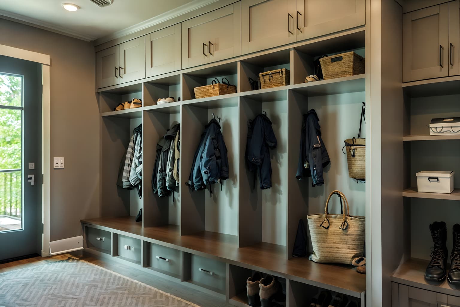 contemporary-style (mudroom interior) with wall hooks for coats and a bench and cabinets and storage drawers and storage baskets and high up storage and cubbies and shelves for shoes. . with . . cinematic photo, highly detailed, cinematic lighting, ultra-detailed, ultrarealistic, photorealism, 8k. contemporary interior design style. masterpiece, cinematic light, ultrarealistic+, photorealistic+, 8k, raw photo, realistic, sharp focus on eyes, (symmetrical eyes), (intact eyes), hyperrealistic, highest quality, best quality, , highly detailed, masterpiece, best quality, extremely detailed 8k wallpaper, masterpiece, best quality, ultra-detailed, best shadow, detailed background, detailed face, detailed eyes, high contrast, best illumination, detailed face, dulux, caustic, dynamic angle, detailed glow. dramatic lighting. highly detailed, insanely detailed hair, symmetrical, intricate details, professionally retouched, 8k high definition. strong bokeh. award winning photo.
